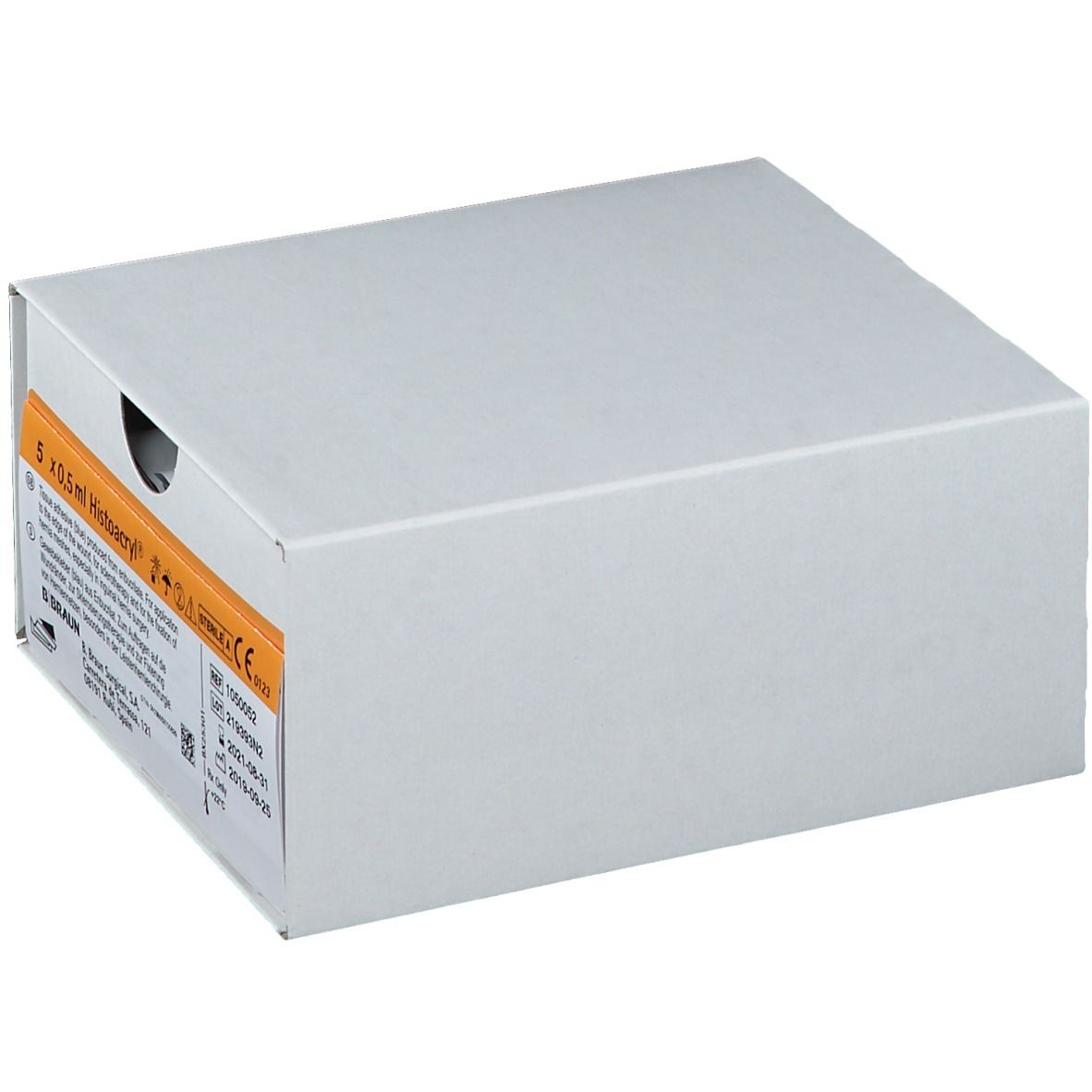 Emballage en carton blanc. Inscriptions avec informations produit. Contient 5 x 0,5 ml Histoacryl®. Marquage CE.