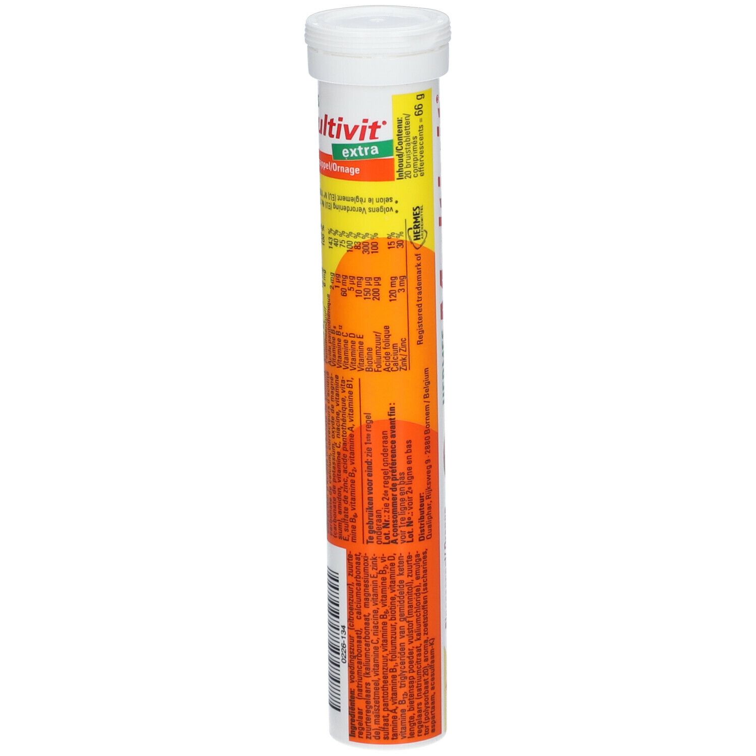 Tube cylindrique de HERMES Multivit® comprimés effervescents extra. Dos avec informations nutritionnelles, tableau et informations fabricant.