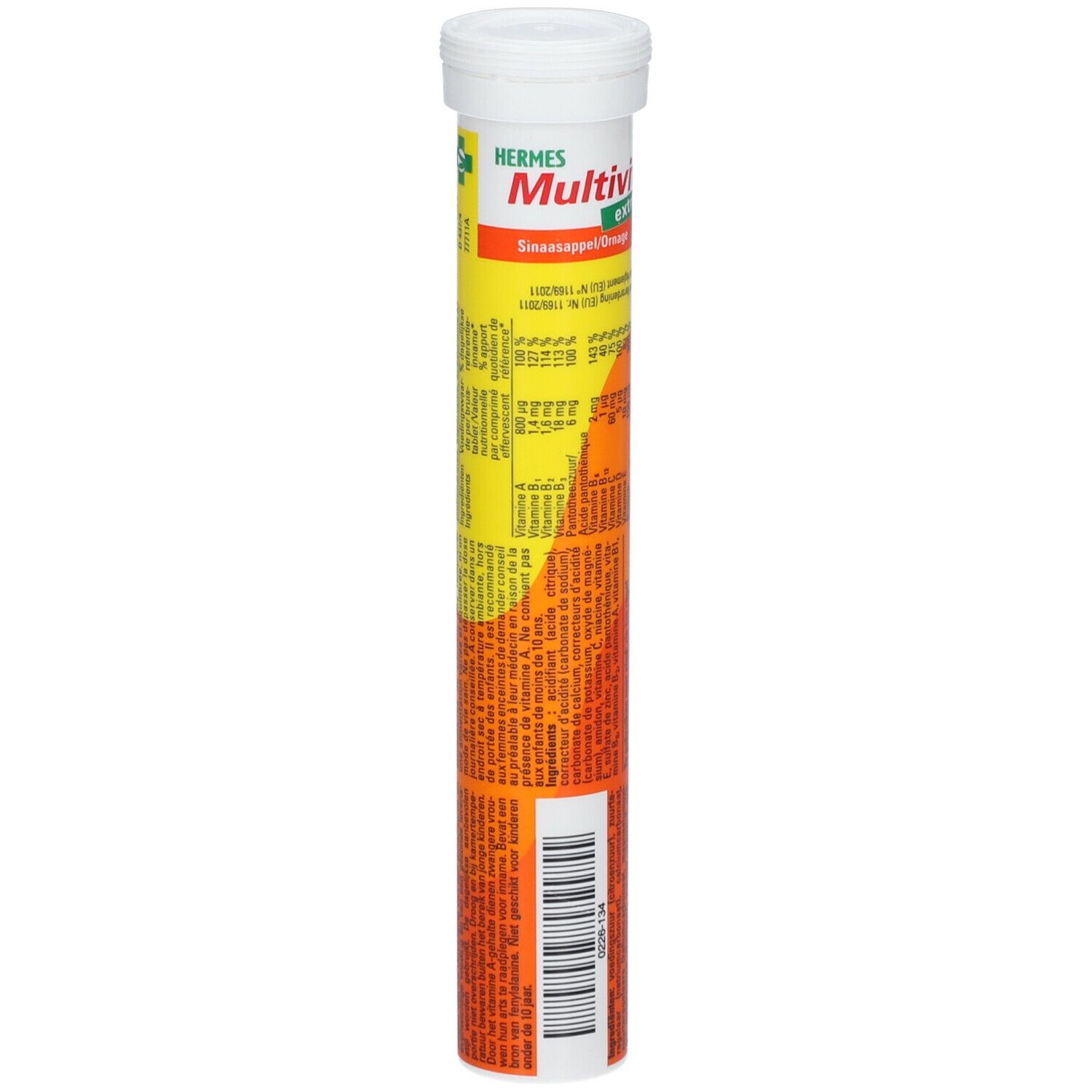 Tube cylindrique de HERMES Multivit® comprimés effervescents extra. Vue détaillée du dos avec texte et code-barres.