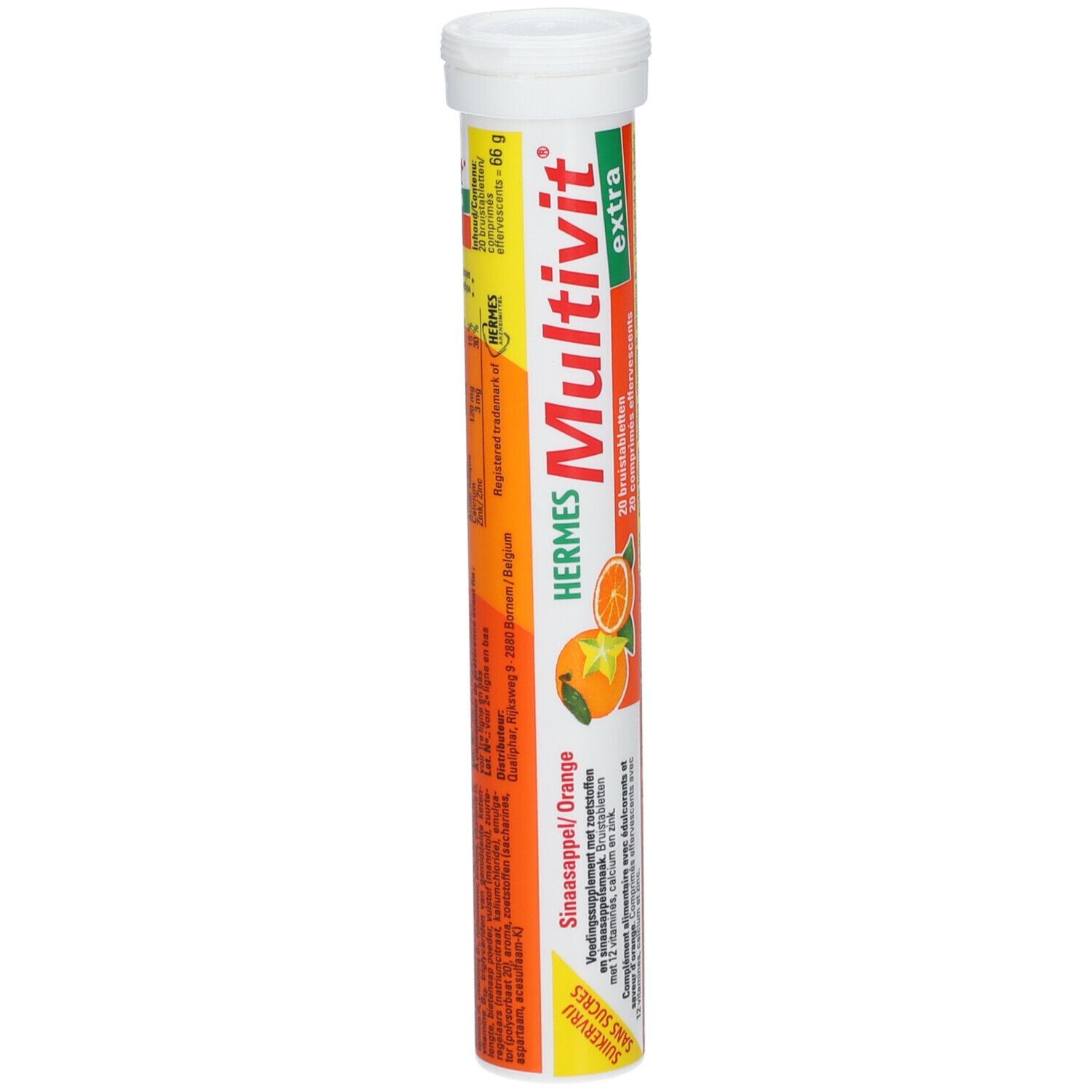 Tube cylindrique de HERMES Multivit® comprimés effervescents extra. Face avant avec nom du produit, image d'orange et informations.