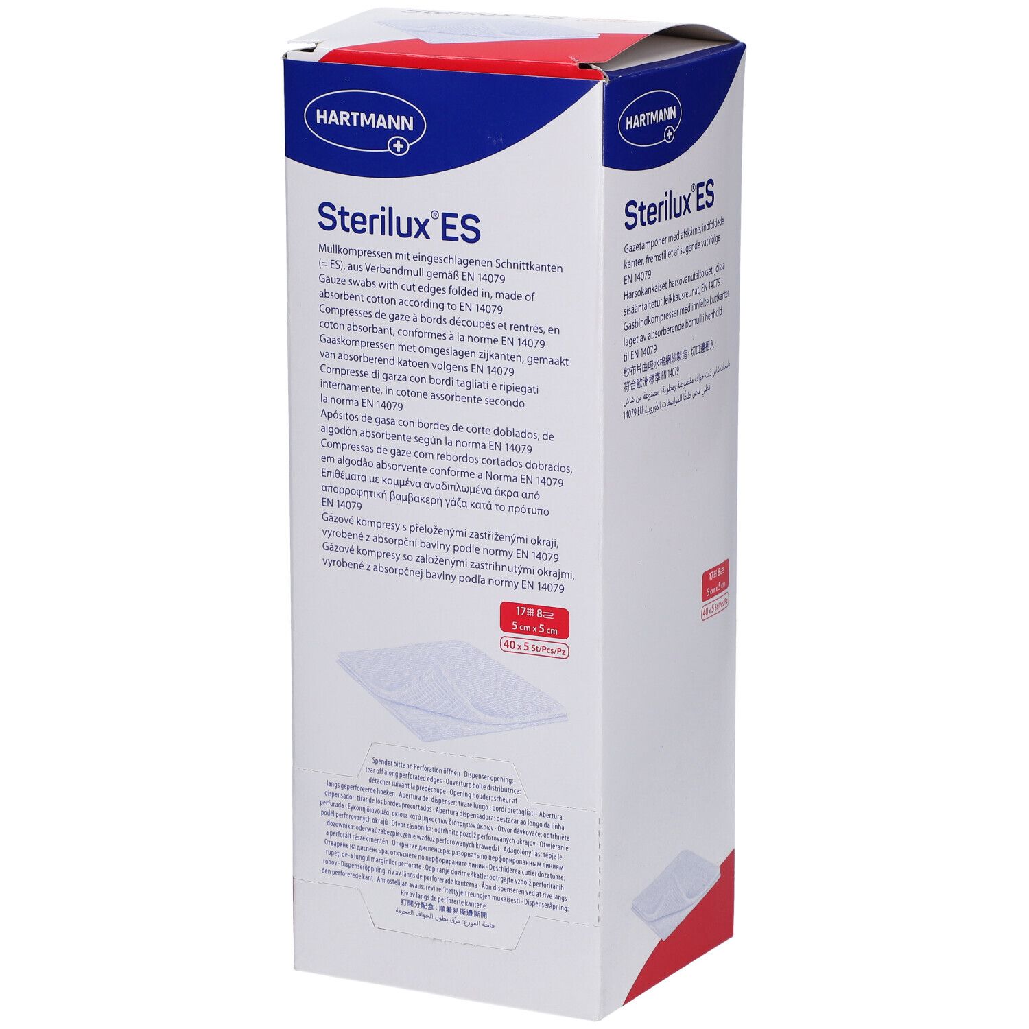 Verpakking van Sterilux ES kompressen. Witte doos met blauwe en rode tekst. Hartmann-logo. Meertalige tekst.