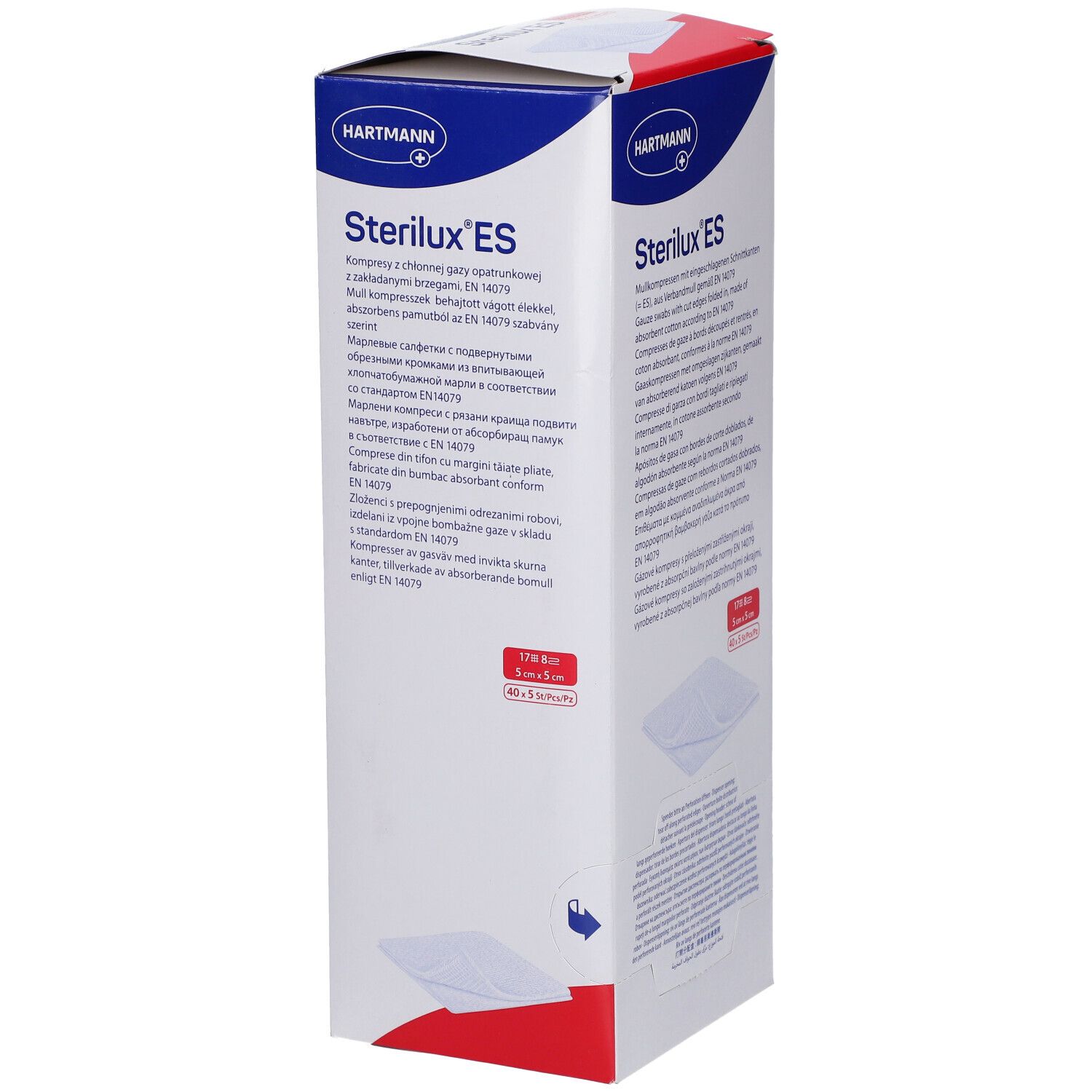 Verpakking van Sterilux ES kompressen. Witte doos met blauwe en rode tekst. Hartmann-logo. Meertalige tekst.
