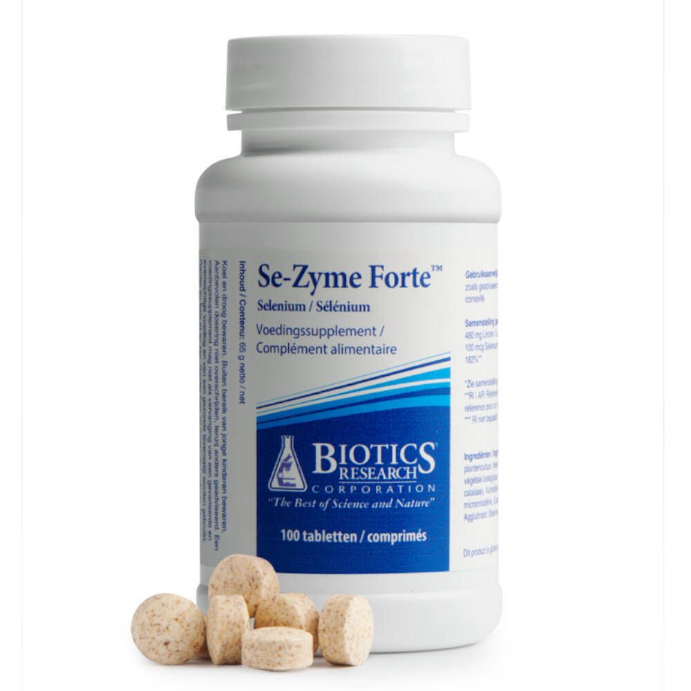 Flacon blanc Se-Zyme Forte™ et comprimés. Inscription : Selenium/Sélénium, Voedingssupplement/Complément alimentaire. 100 comprimés.