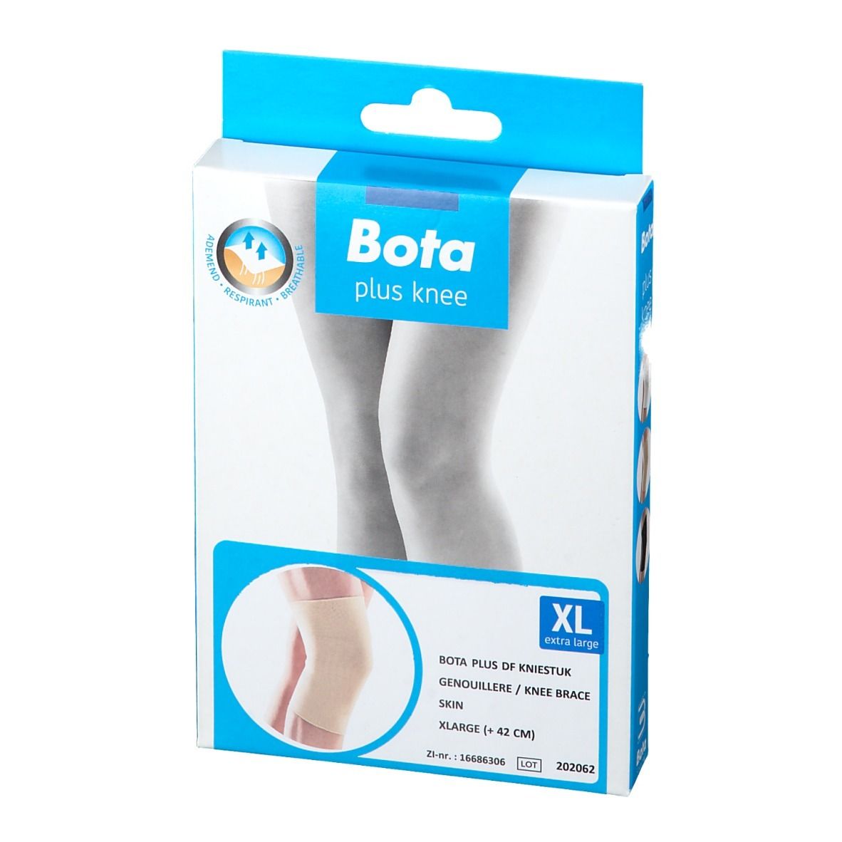 Genouillère Bota Plus, taille XL, couleur peau, en boîte. Inscriptions: Bota Plus, XL, Genouillère / Knee Brace.