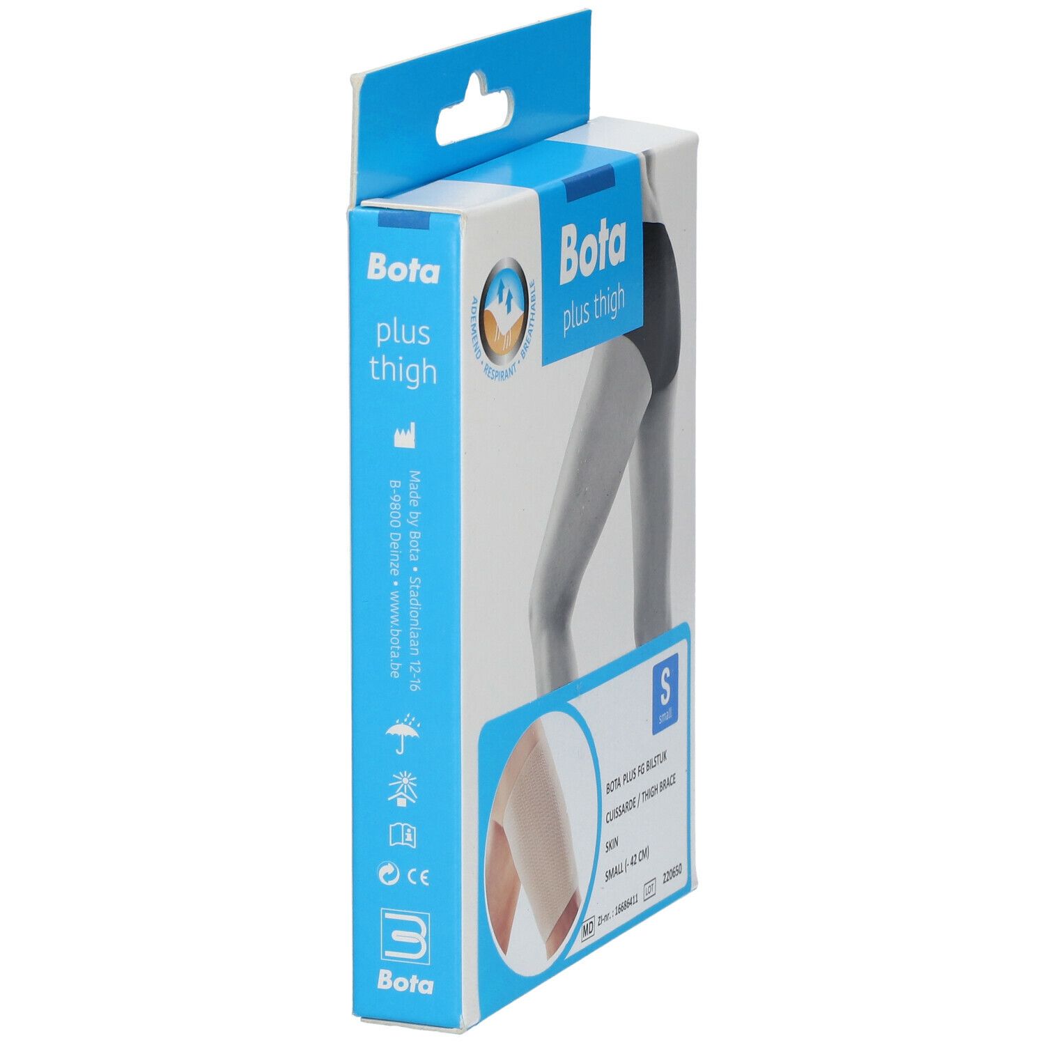 Emballage de l'attelle de cuisse Bota Plus FG. Vue latérale. Inscriptions : Bota, plus thigh et informations produit.