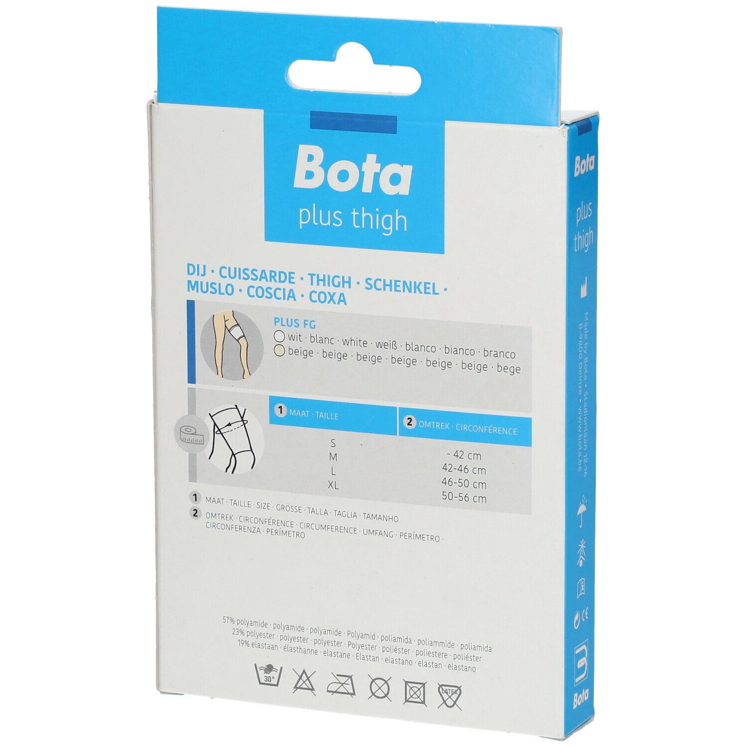 Dos de l'emballage de l'attelle de cuisse Bota Plus FG. Informations sur les tailles et le produit.