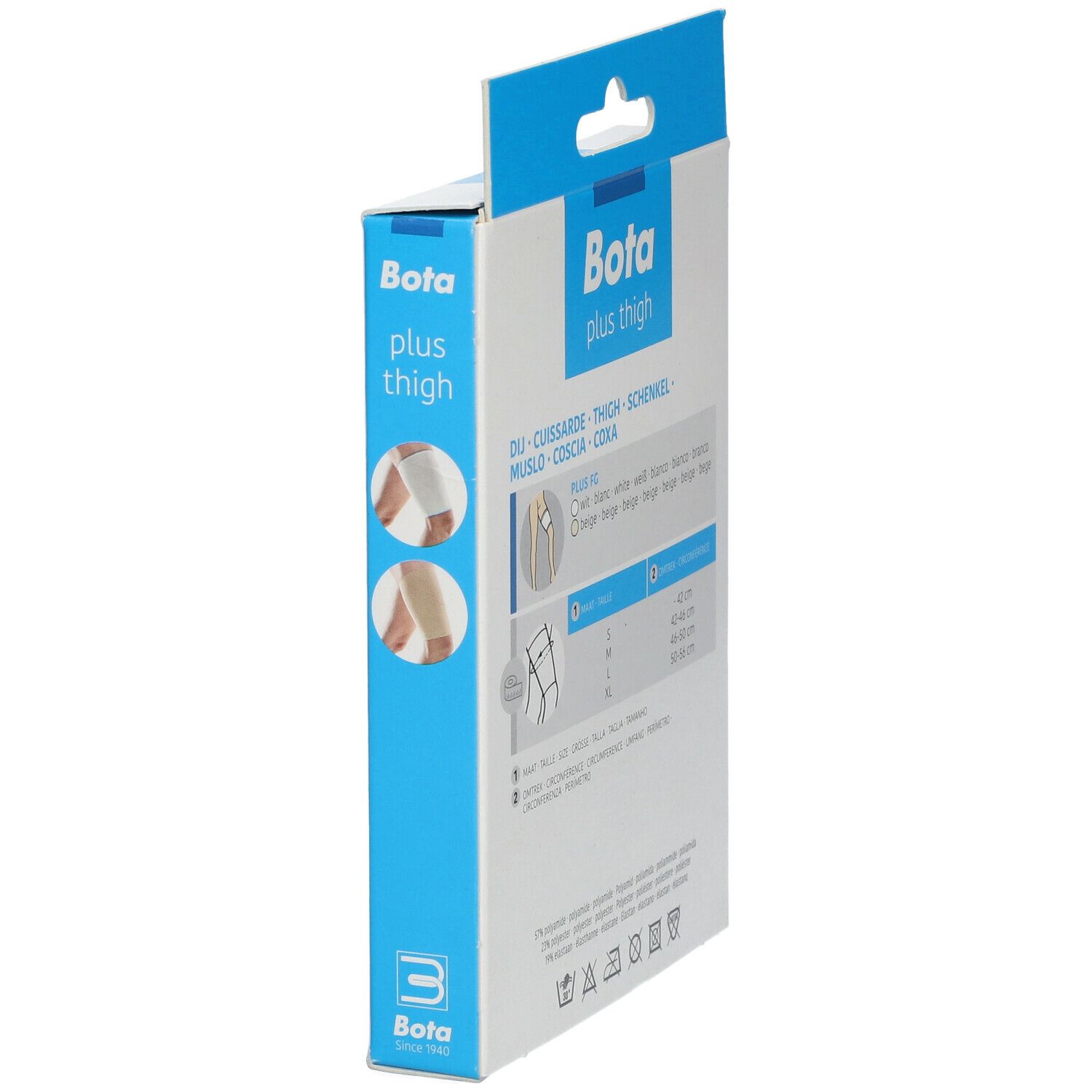 Vue latérale de l'emballage de l'attelle de cuisse Bota Plus FG. Informations sur les tailles et le produit.