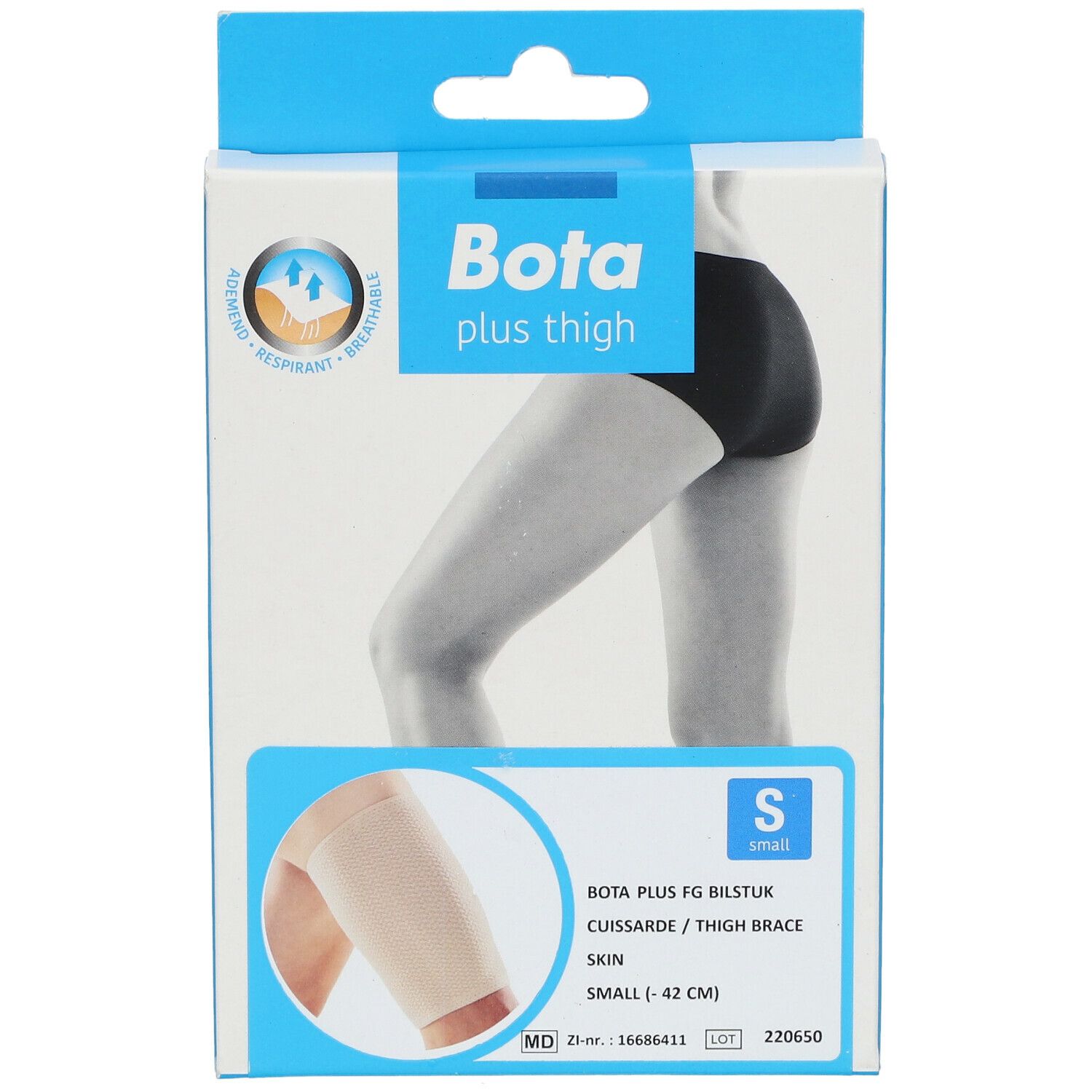 Emballage de l'attelle de cuisse Bota Plus FG. Taille S, couleur peau. Inscriptions : Bota, plus thigh et informations produit.
