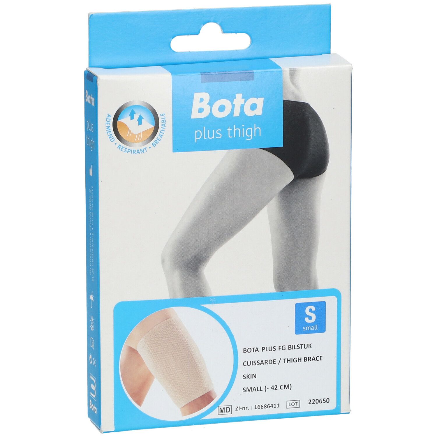 Emballage de l'attelle de cuisse Bota Plus FG. Taille S, couleur peau. Inscriptions : Bota, plus thigh et informations produit.
