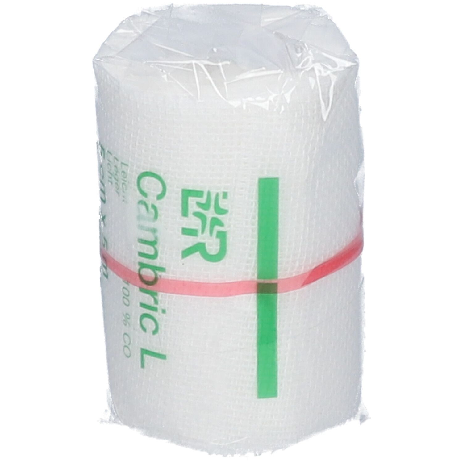 Rouleau de bandage blanc, emballé dans du film plastique. Inscription : Cambric L, 5 cm x 5 m. Anneau en caoutchouc rouge.