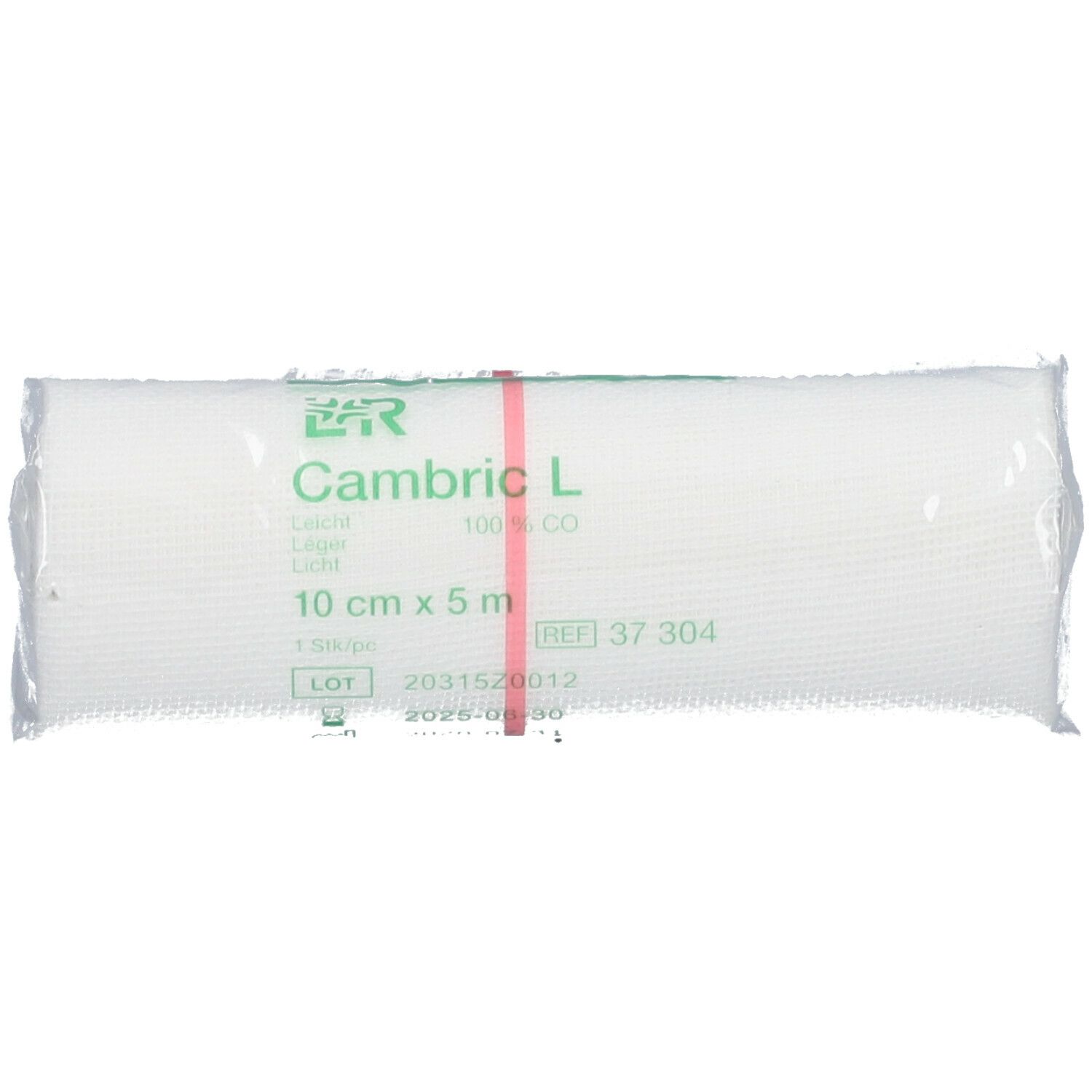 Bande Cambric L, 10 cm x 5 m, emballée. Inscriptions : L&R, Cambric L, 100% CO, REF 37 304.