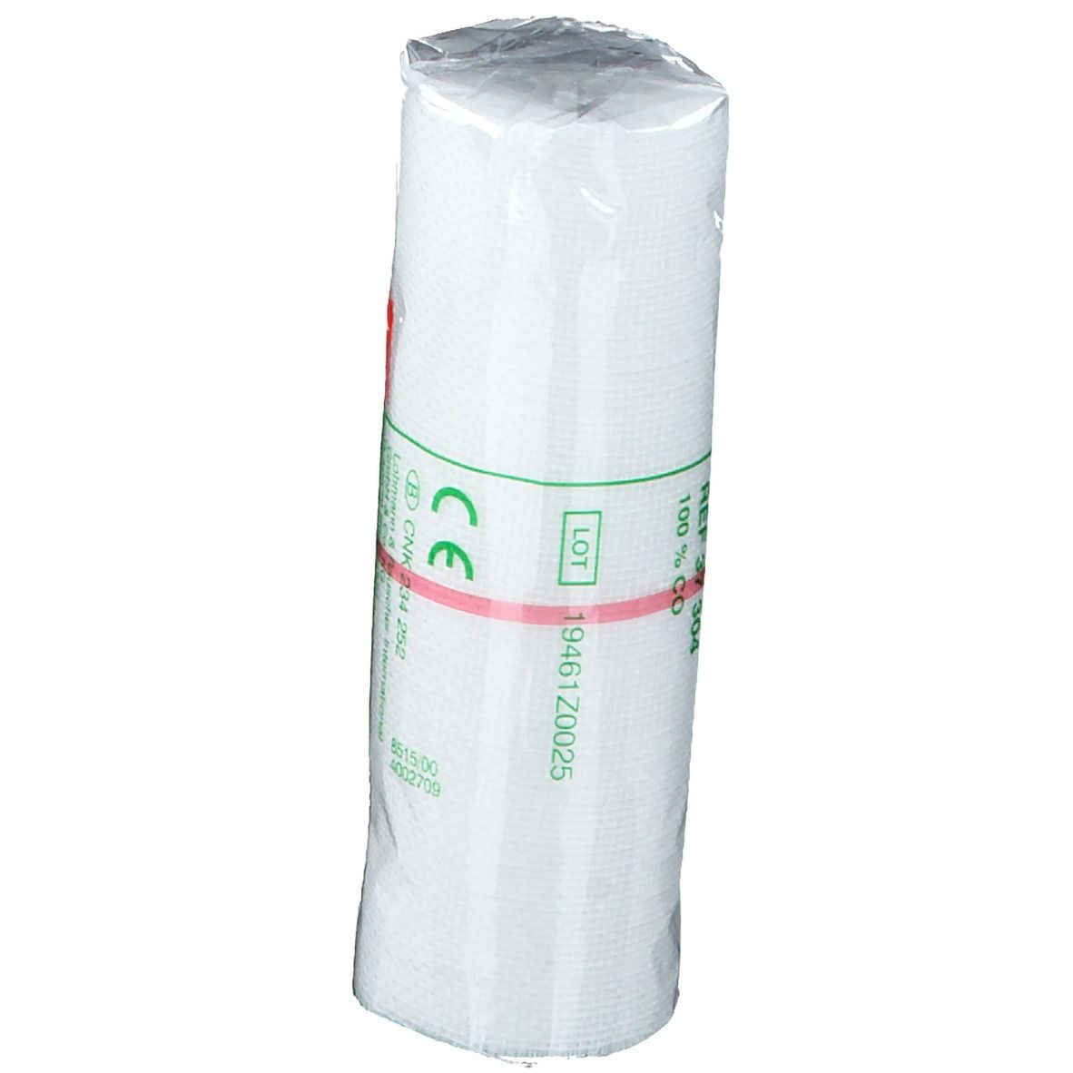 Rouleau de bandage sous film. Inscriptions : marquage CE, numéro de lot, L&R, Cambric L, 100% CO, REF 37 304.