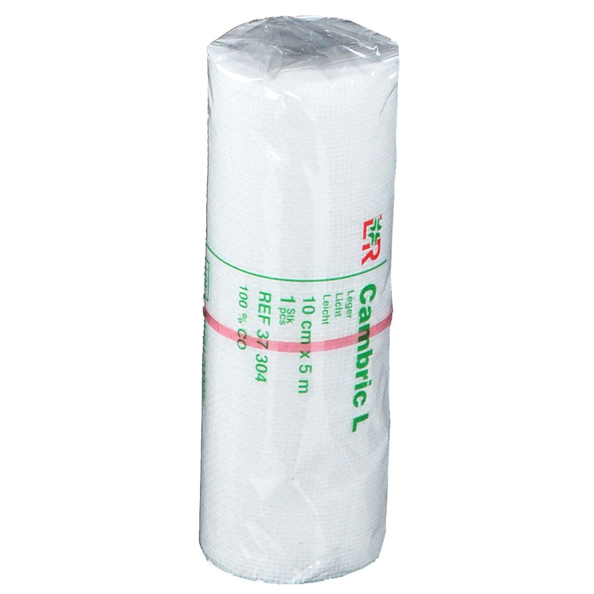 Rouleau de bandage sous film. Inscriptions : L&R, Cambric L, 10 cm x 5 m, 100% CO, REF 37 304.