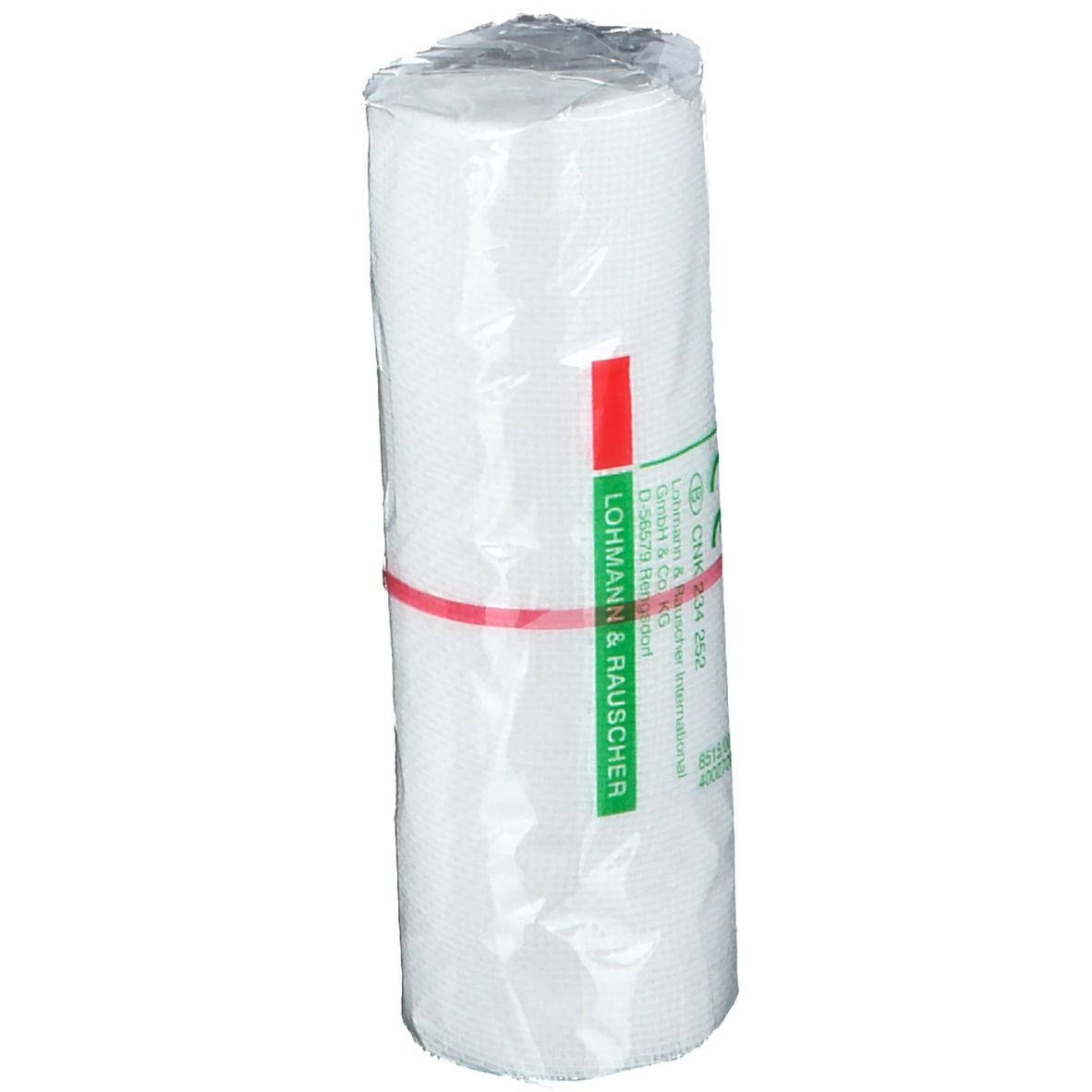Rouleau de bandage sous film. Inscriptions : LOHMANN & RAUSCHER, marquage CE.