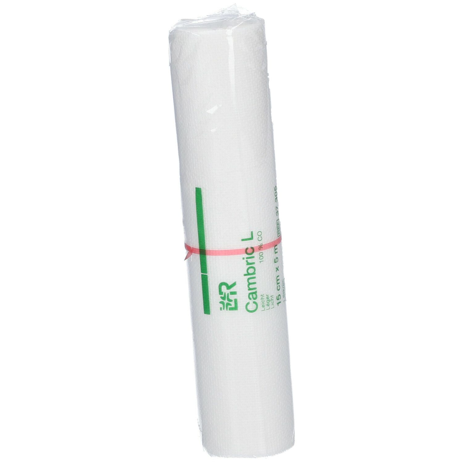 Gerolde witte bandage, verpakt in plastic. Een rode elastiek houdt het bij elkaar. Opschrift: Cambric L, 15 cm x 5 m.
