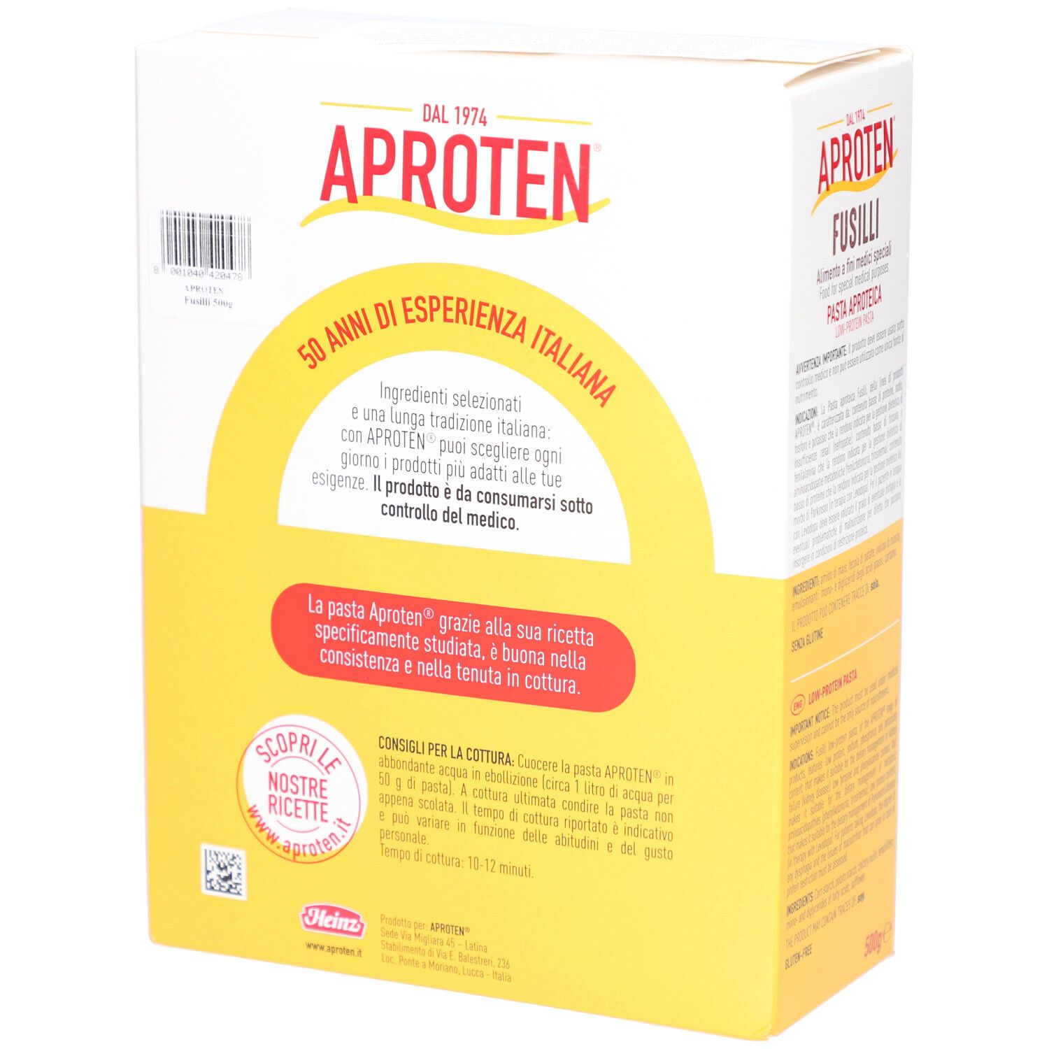 Rückseite der APROTEN Fusilli-Verpackung. Gelber Hintergrund mit Produktinformationen und Text. 50 Jahre Erfahrung in italienischer Küche.