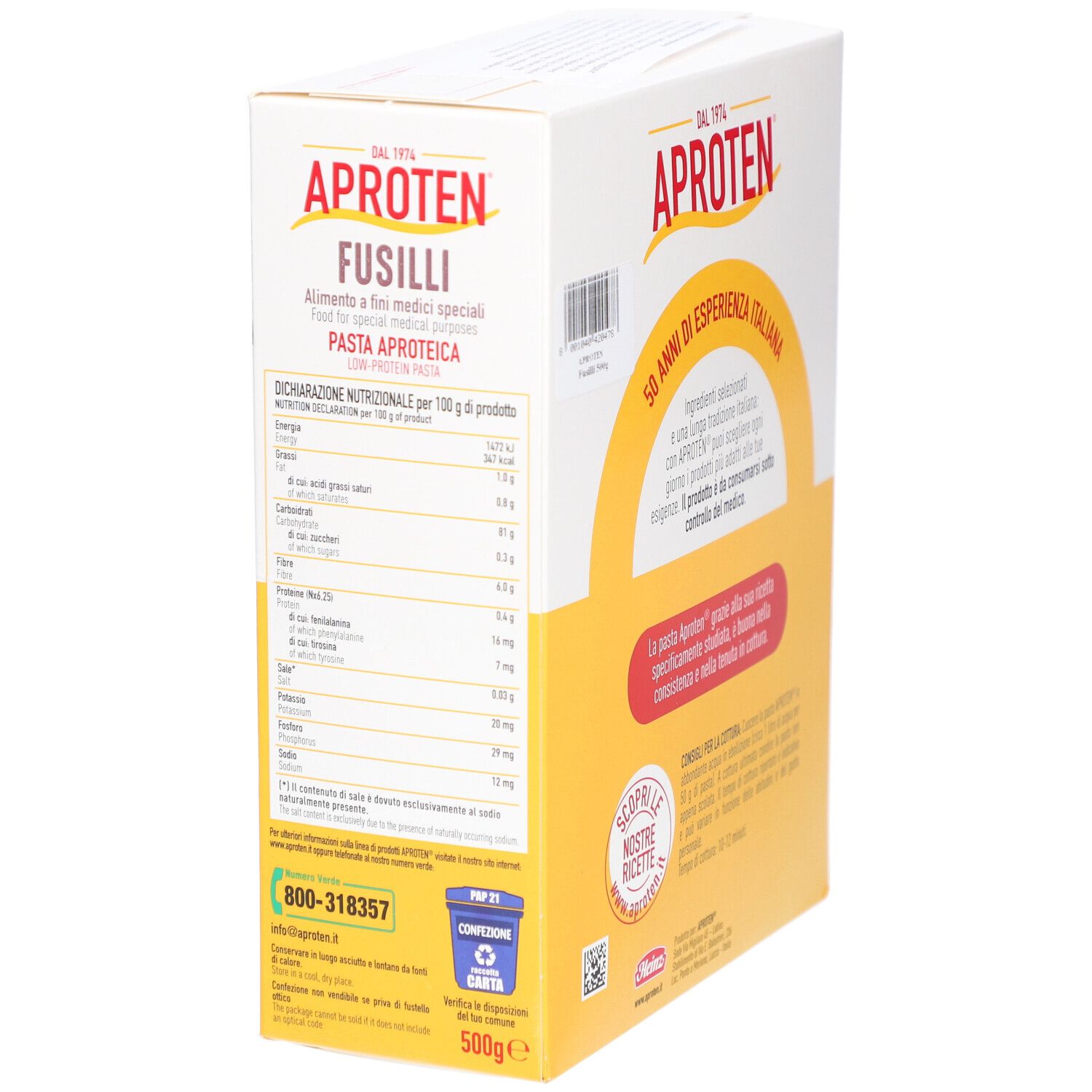 APROTEN Fusilli-Verpackung. Gelbe und weiße Verpackung mit Produktnamen und Nährwertangaben. Nährwerttabelle und Kontaktinformationen.