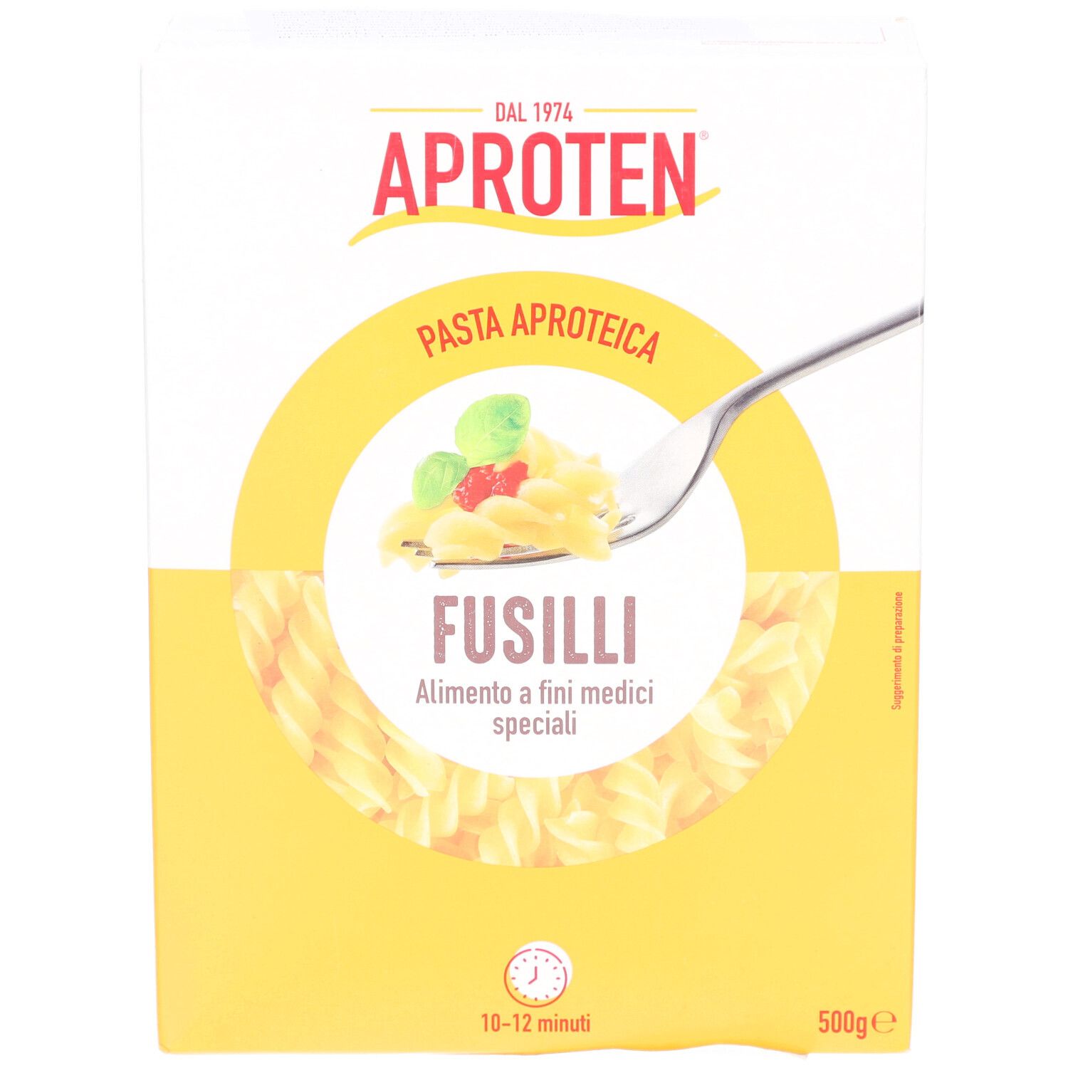 APROTEN Fusilli-Packung. Gelbe und weiße Verpackung mit Produktnamen und Nährwertangaben. Fusilli-Nudeln sind sichtbar.