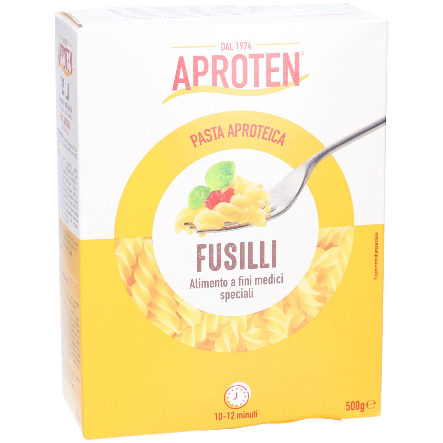 APROTEN Fusilli-Packung. Gelbe und weiße Verpackung mit Produktnamen und Nährwertangaben. Fusilli-Nudeln sind sichtbar.