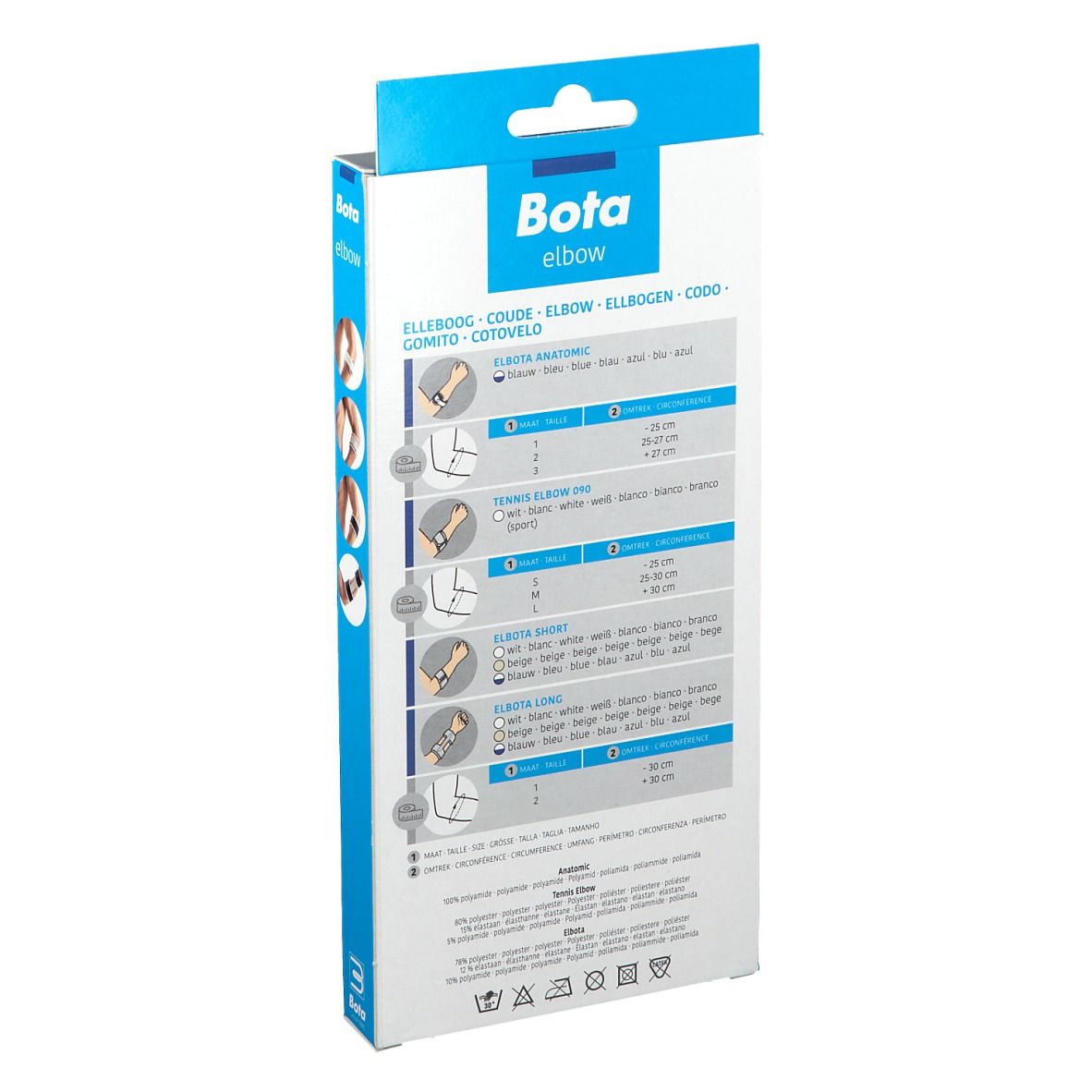 Dos de l'emballage. Marque Bota. Informations produit en plusieurs langues. Illustrations d'application.