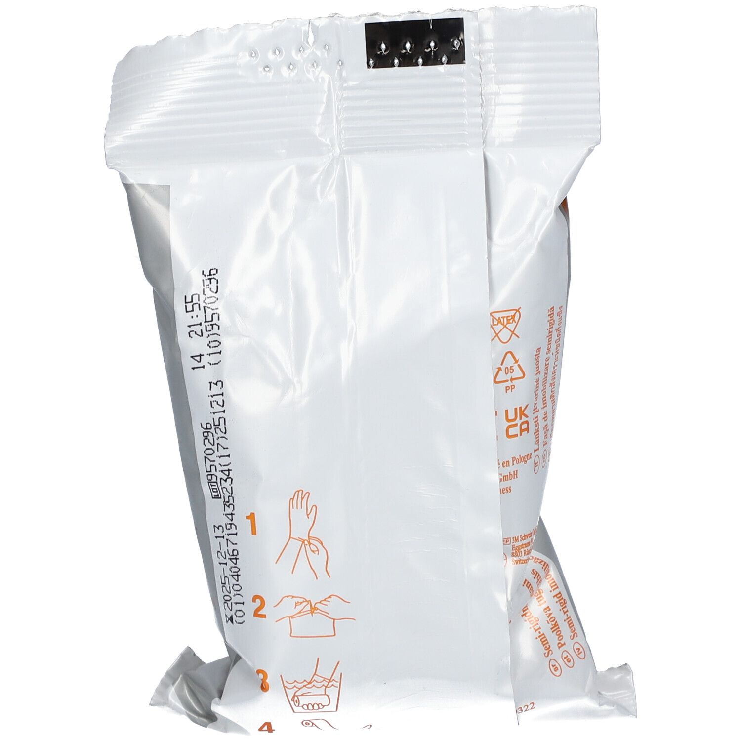 Rückseite der Verpackung. Anweisungen mit Piktogrammen. Produktions- und Chargennummern.