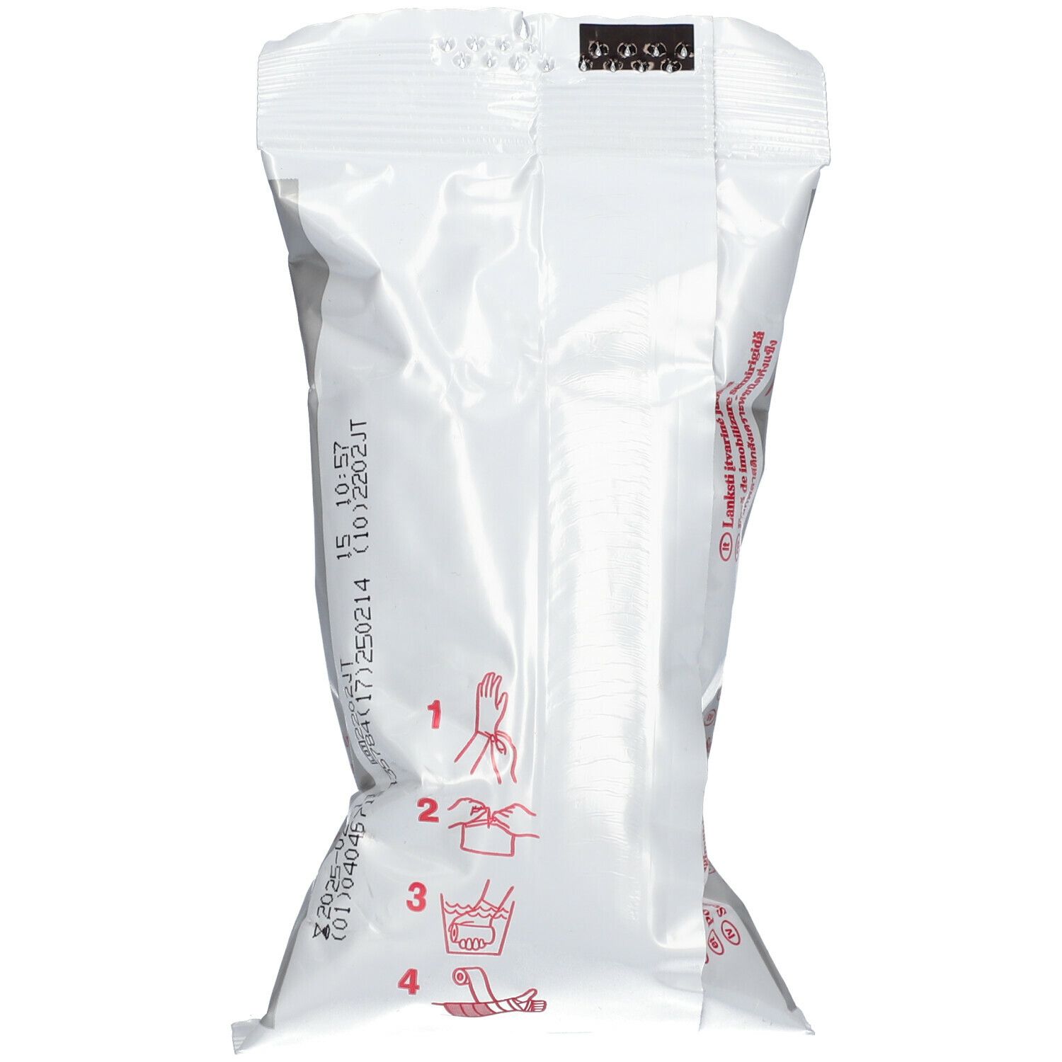 Dos de l'emballage. Emballage blanc avec pictogrammes et texte rouges. Instructions pour l'application du bandage.