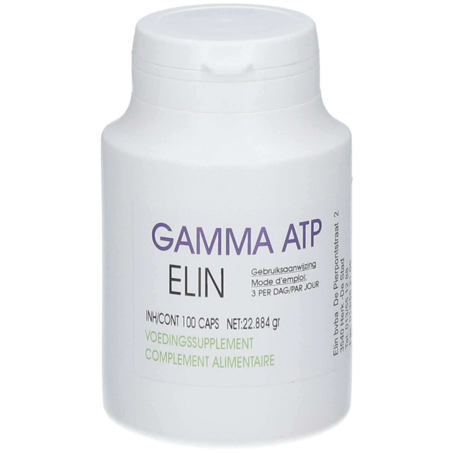 Flacon blanc avec inscription violette GAMMA ATP ELIN. Contient 100 capsules. Couvercle avec fermeture à rabat.