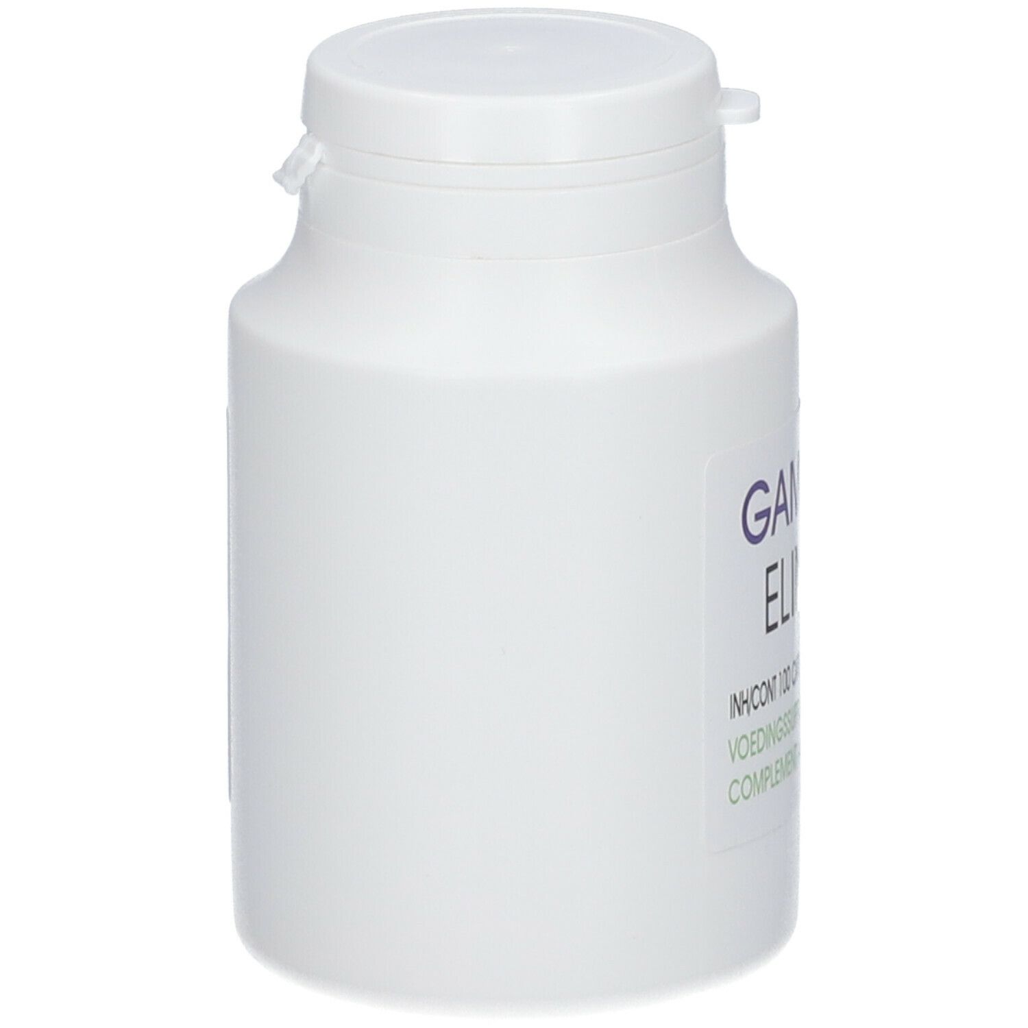 Flacon blanc avec inscription violette. Une étiquette avec des informations sur le produit est apposée sur le côté. Couvercle avec fermeture à rabat.