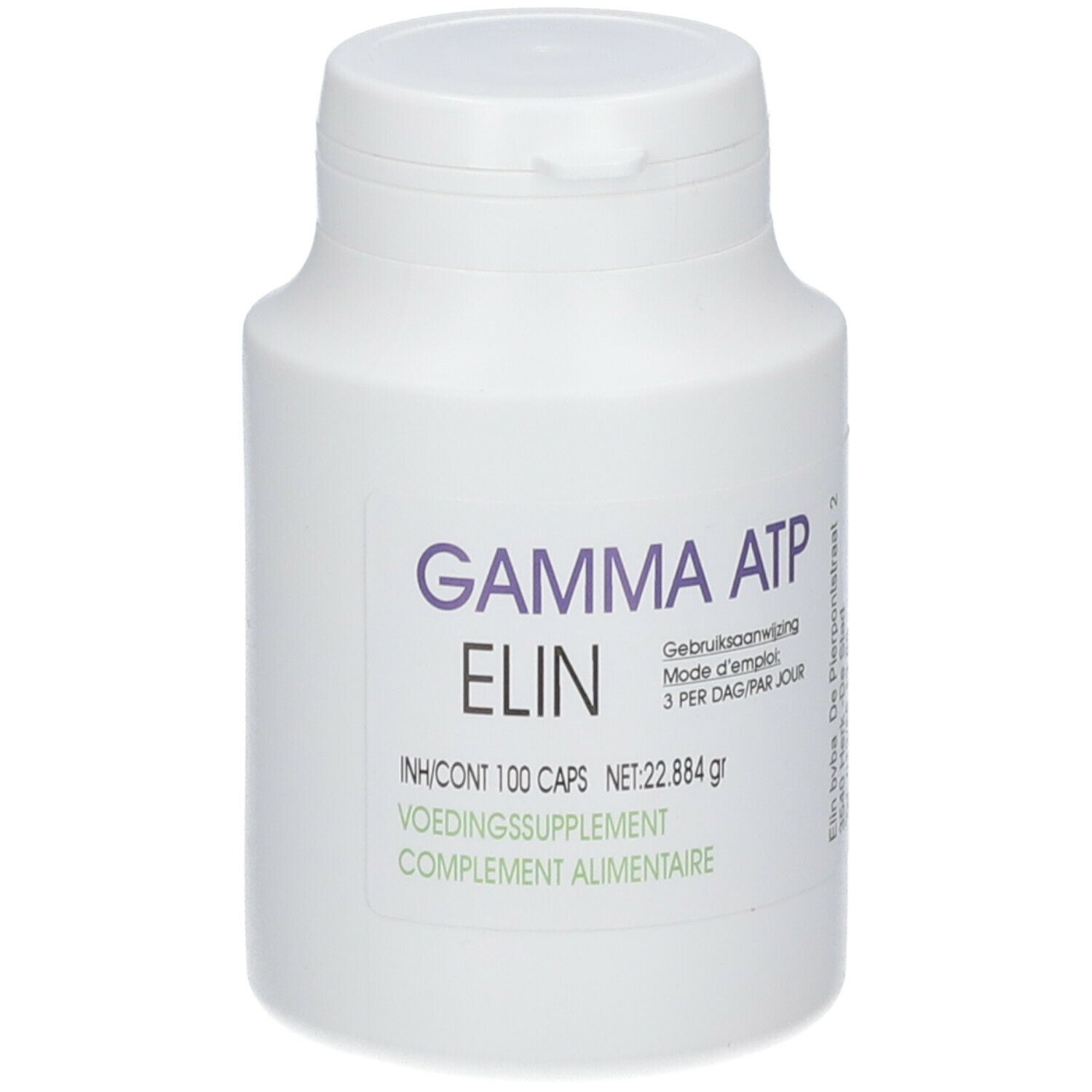 Flacon blanc avec inscription violette GAMMA ATP ELIN. Contient 100 capsules. Couvercle avec fermeture à rabat.