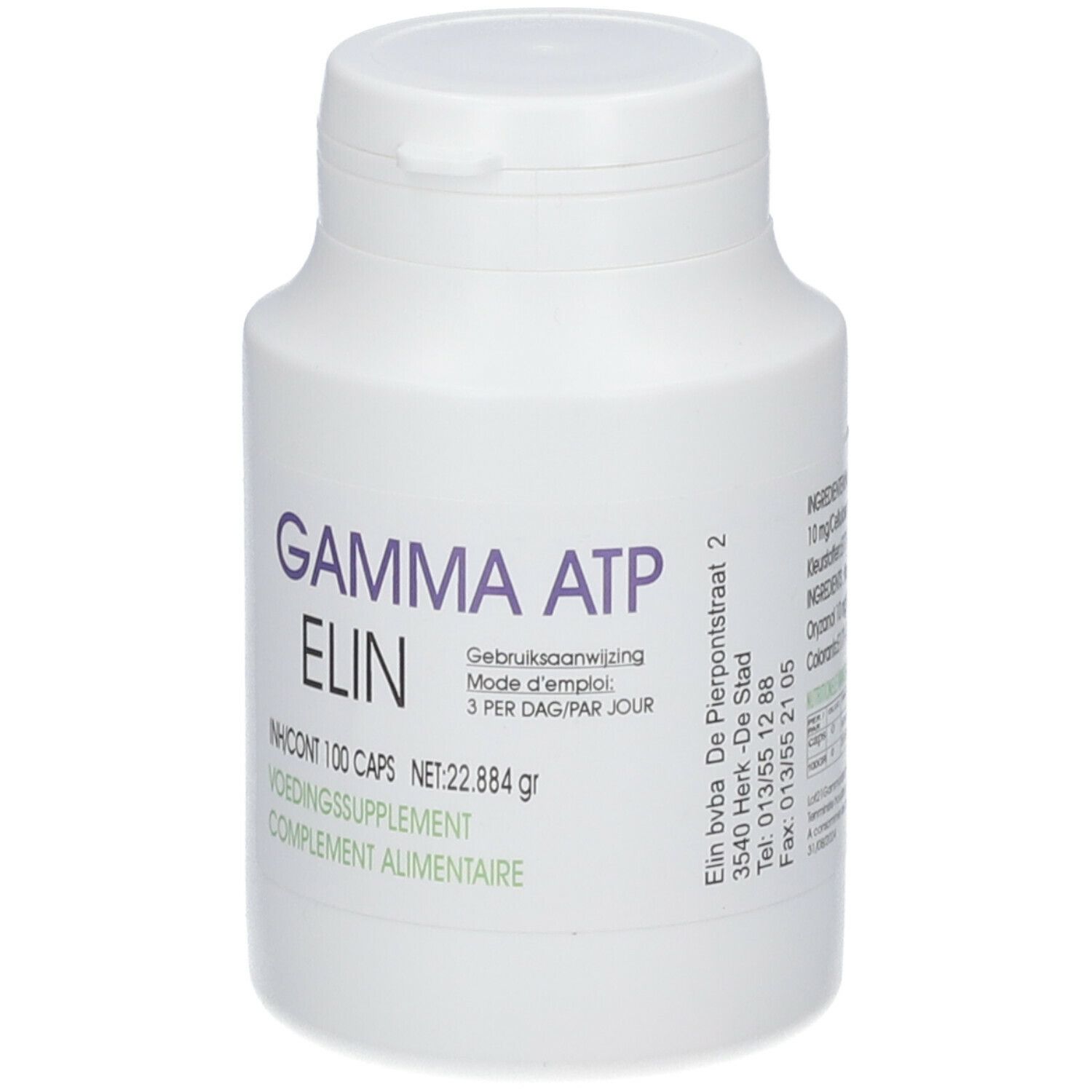 Flacon blanc avec inscription violette GAMMA ATP ELIN. Contient 100 capsules. Couvercle à rabat. Adresse sur le côté.