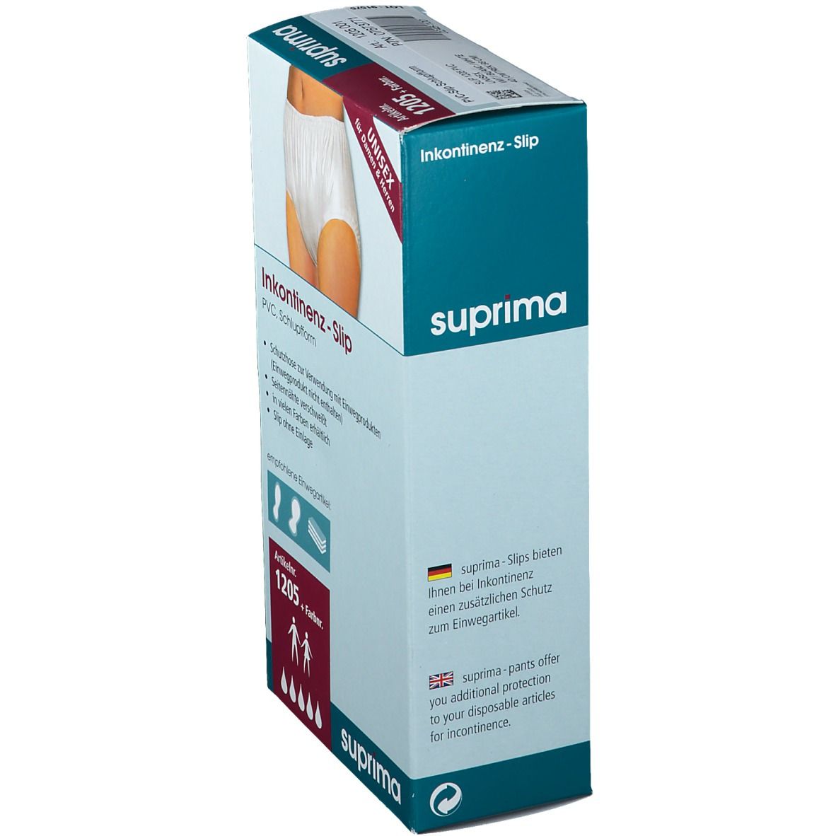 Boîte de slips d'incontinence Suprima. Référence 1205. Unisexe. Forme slip PVC.