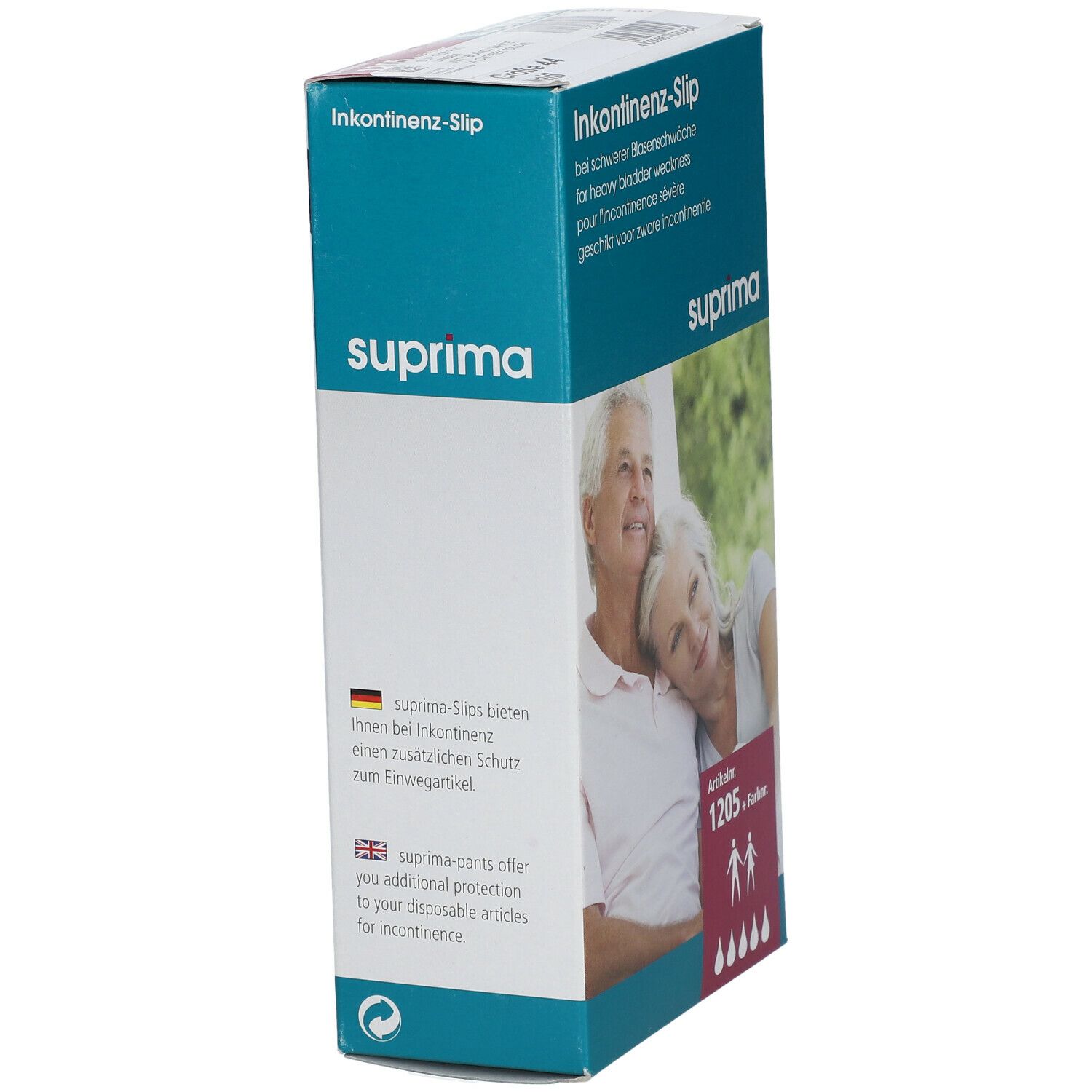 Emballage de slip d'incontinence Suprima. Texte: les slips Suprima offrent une protection supplémentaire. Numéro d'article 1205.