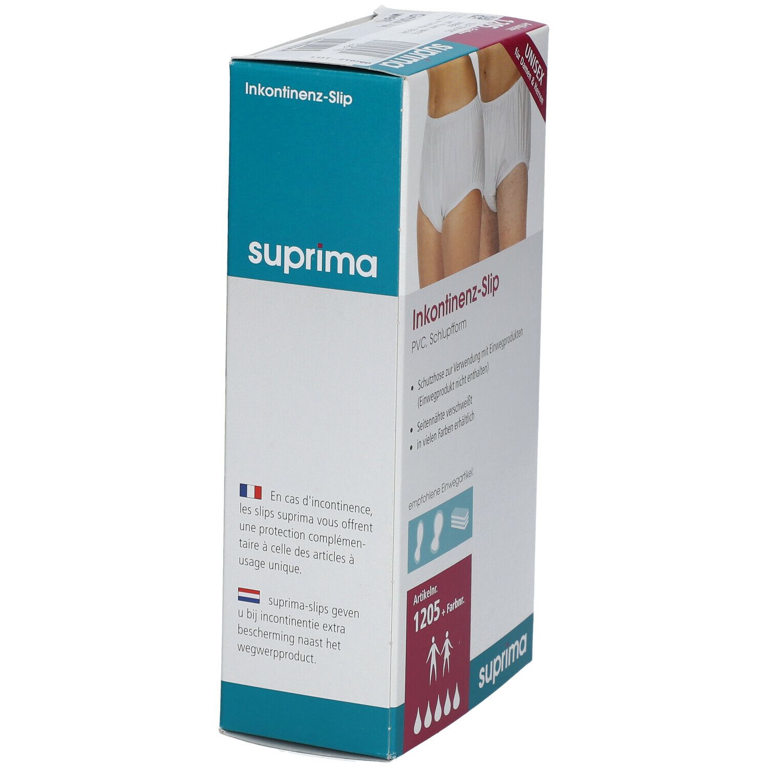 Emballage de slip d'incontinence Suprima. Forme PVC. Texte: protection pour articles jetables. Numéro d'article 1205.