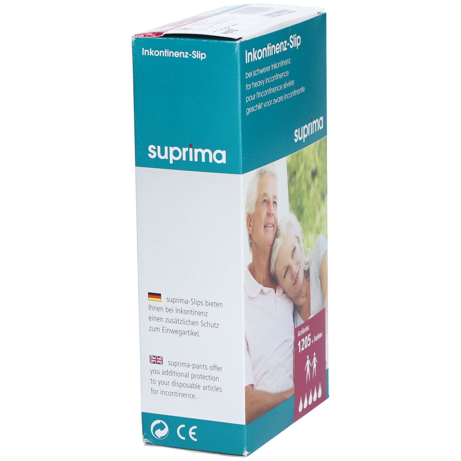 Boîte de slips d'incontinence Suprima. Texte : Article 1205. Inscription : pour incontinence sévère. Avec marquage CE.