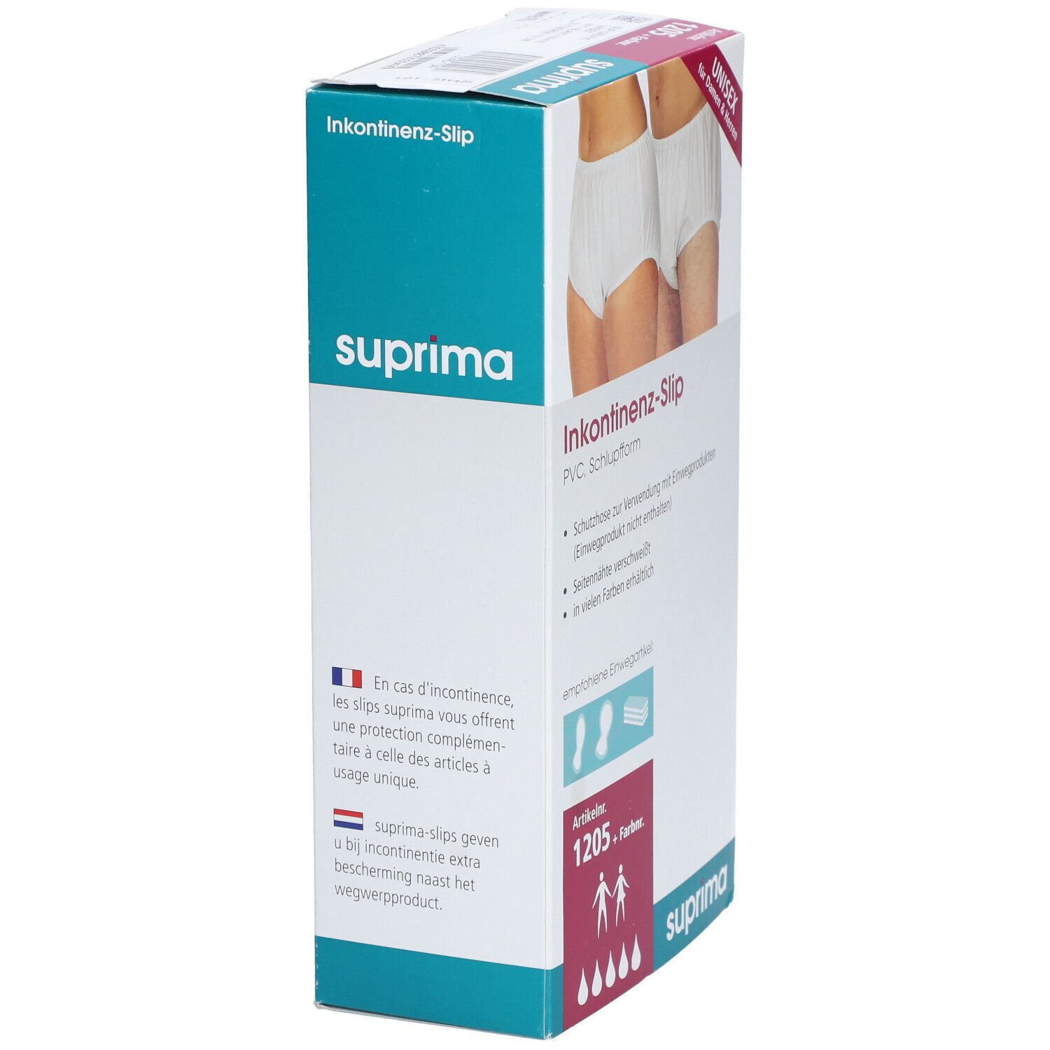 Boîte de slips d'incontinence Suprima. Texte : Article 1205. Inscription : Unisexe. Avec marquage CE.