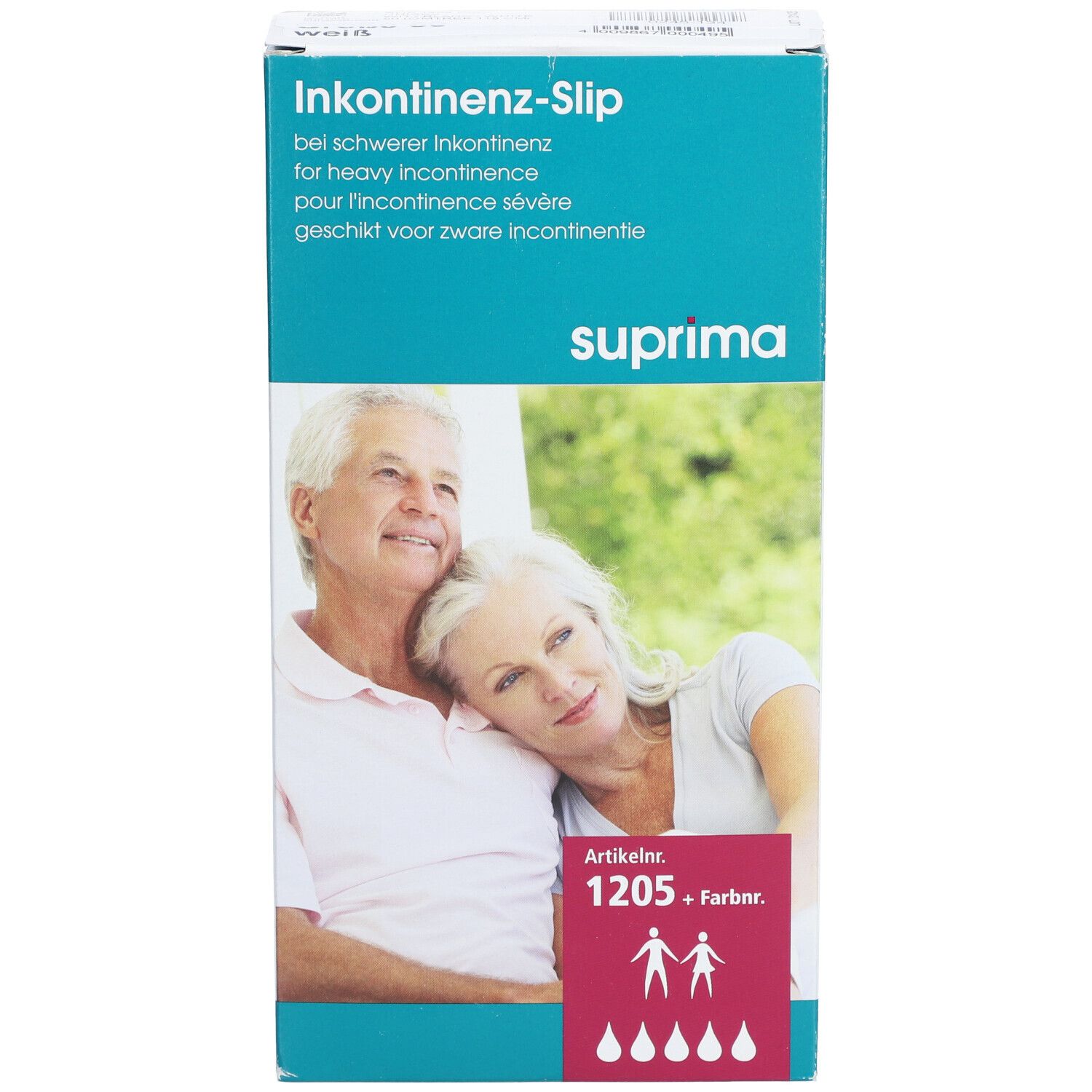 Boîte de slips d'incontinence Suprima. Inscription : Article 1205, pour incontinence sévère. Image : couple de personnes âgées.