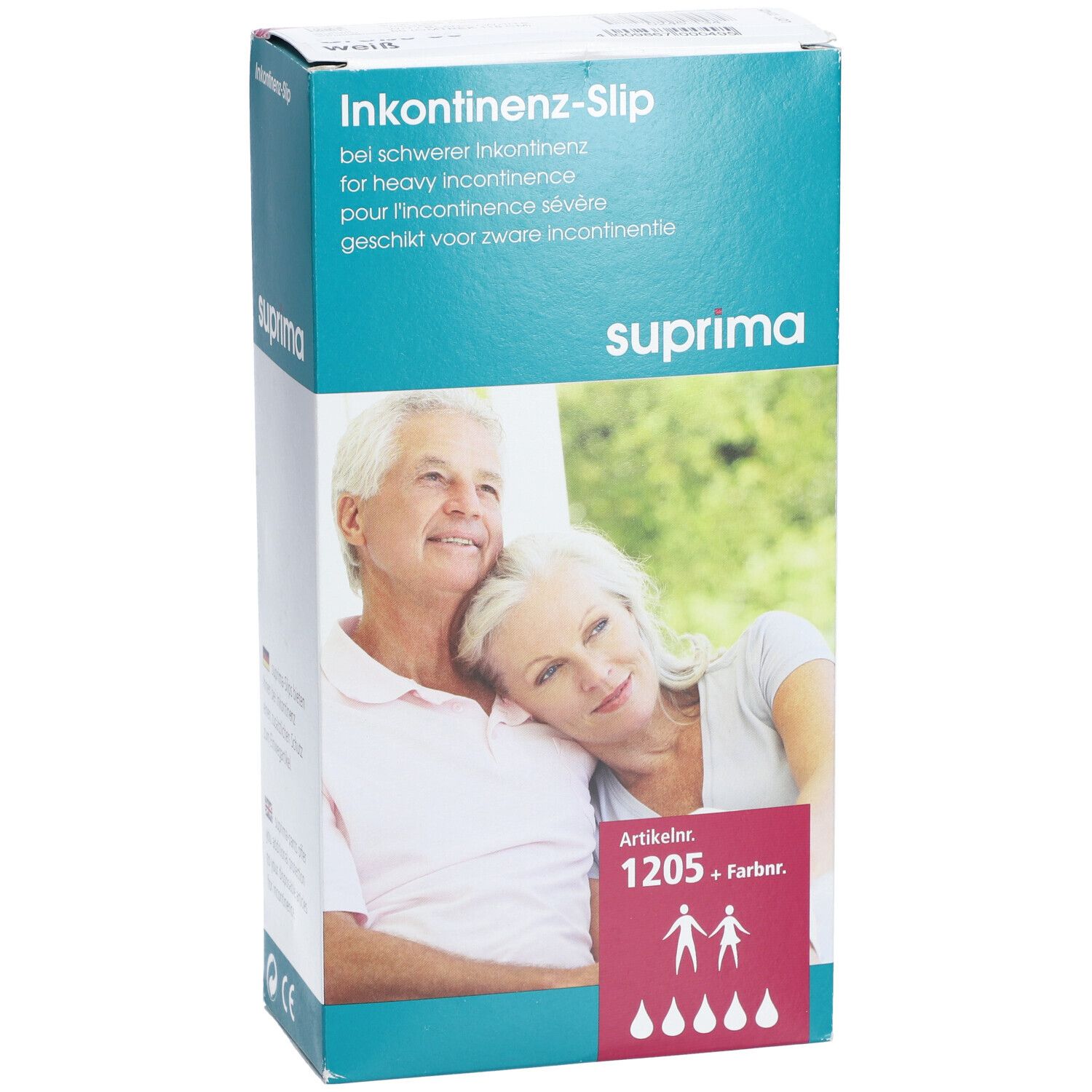 Boîte de slips d'incontinence Suprima. Inscription : Article 1205, pour incontinence sévère. Image : couple de personnes âgées.