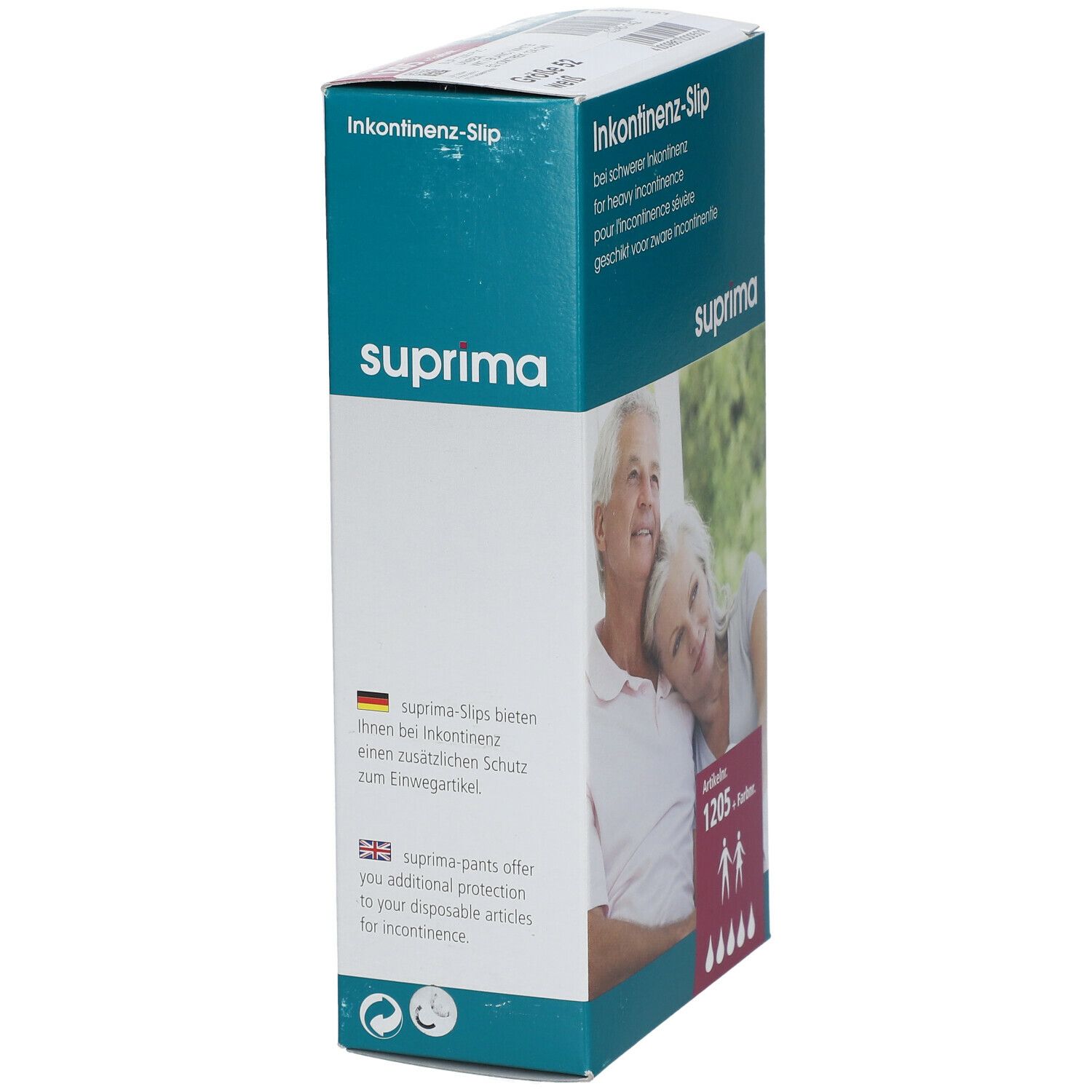 Verpakking met incontinentie-slip. Opschrift: suprima, artikelnummer 1205. Tekst in het Duits en Engels.