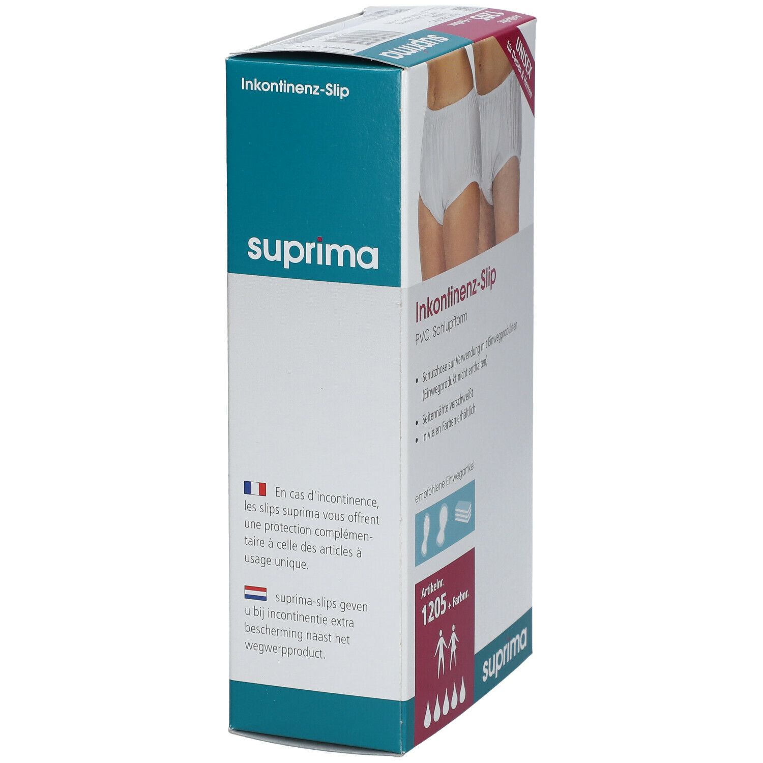 Verpakking met incontinentie-slip. Opschrift: suprima, artikelnummer 1205. Tekst in het Frans en Nederlands.