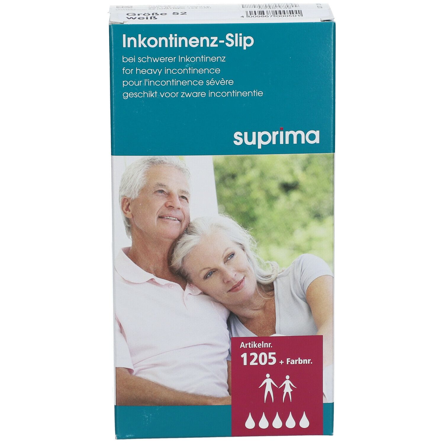 Verpakking met incontinentie-slip. Opschrift: suprima, artikelnummer 1205. Afbeelding van een paar.