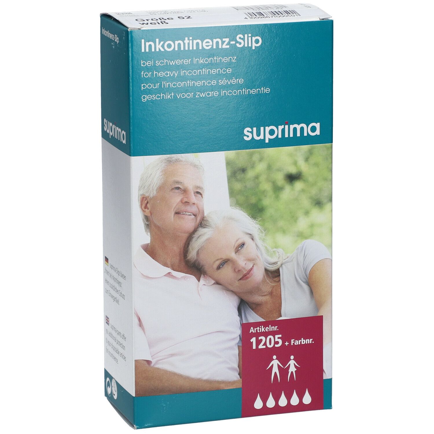 Verpakking met incontinentie-slip. Opschrift: suprima, artikelnummer 1205. Afbeelding van een paar.