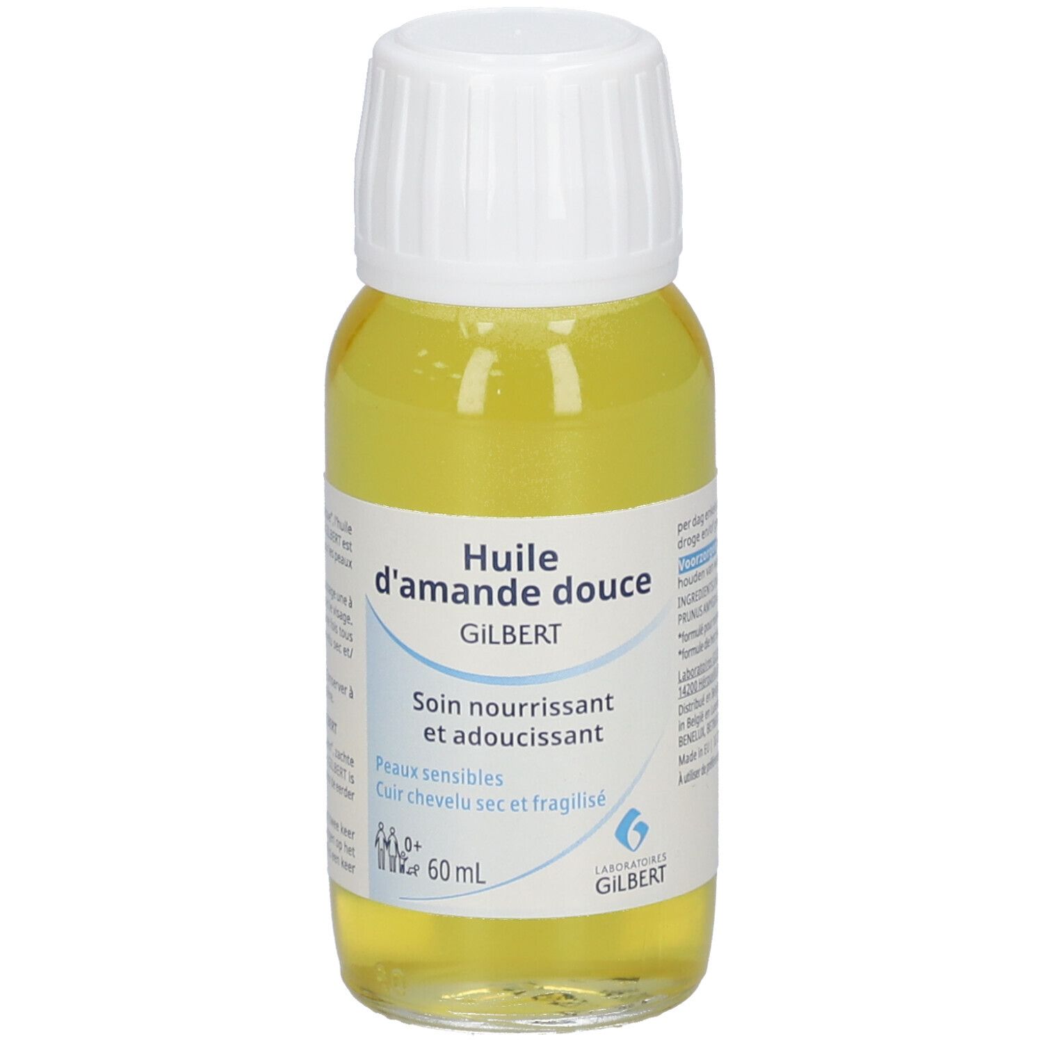 Flacon de liquide jaunâtre avec bouchon blanc. Inscription: Huile d'amande douce, Gilbert. Pour peaux sensibles, cheveux secs et fragiles.