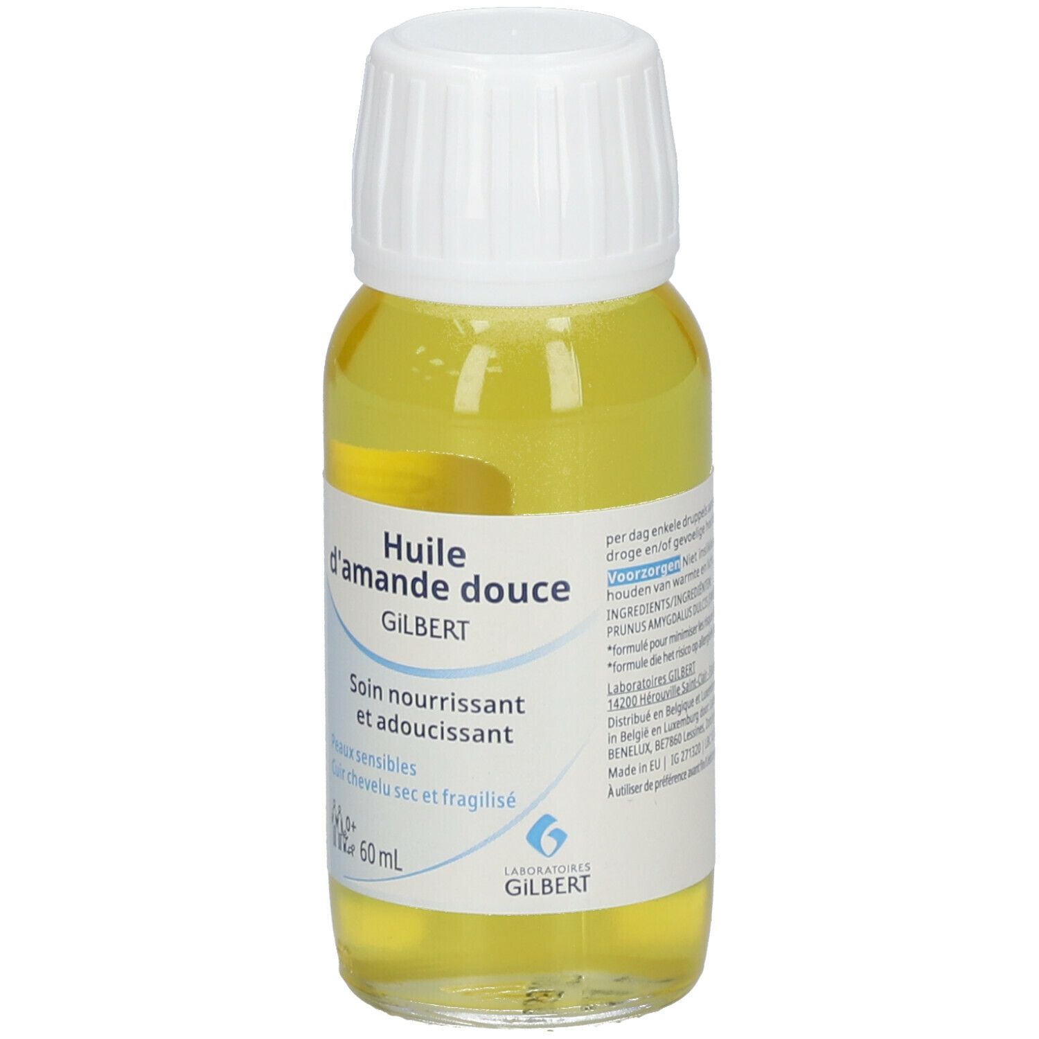 Bouteille de liquide jaunâtre avec bouchon blanc. Inscription: Huile d'amande douce, Gilbert. Pour peaux sensibles, cheveux secs et fragiles. 60 ml.