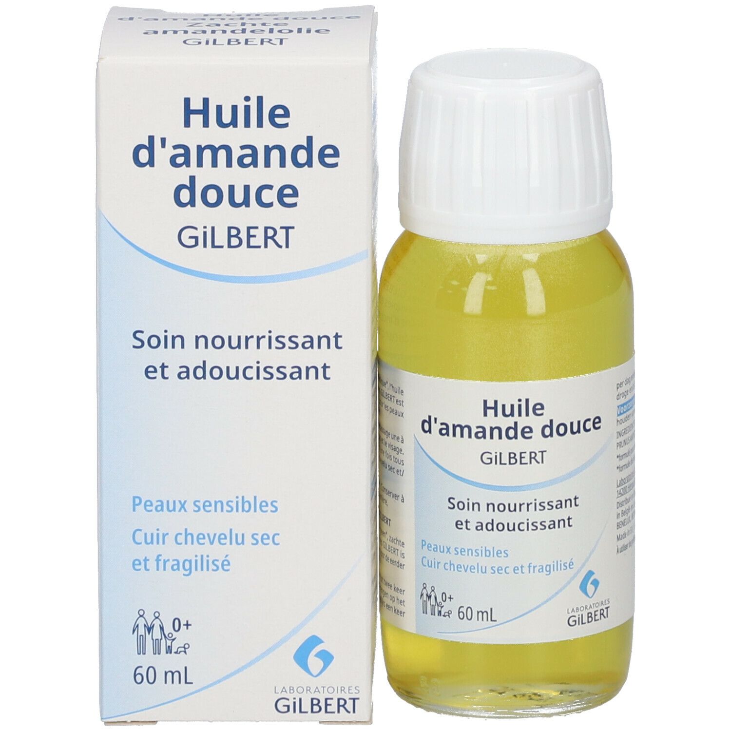 Bouteille et boîte. Bouteille de liquide jaunâtre avec bouchon blanc. Inscription: Huile d'amande douce, Gilbert. 60 ml. Boîte avec la même inscription.
