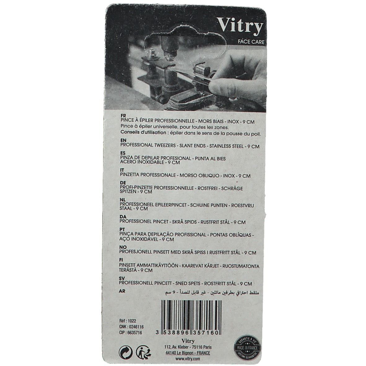 Rückseite der Verpackung mit Produktinformationen. Marke Vitry. Text in mehreren Sprachen, darunter Deutsch und Französisch.
