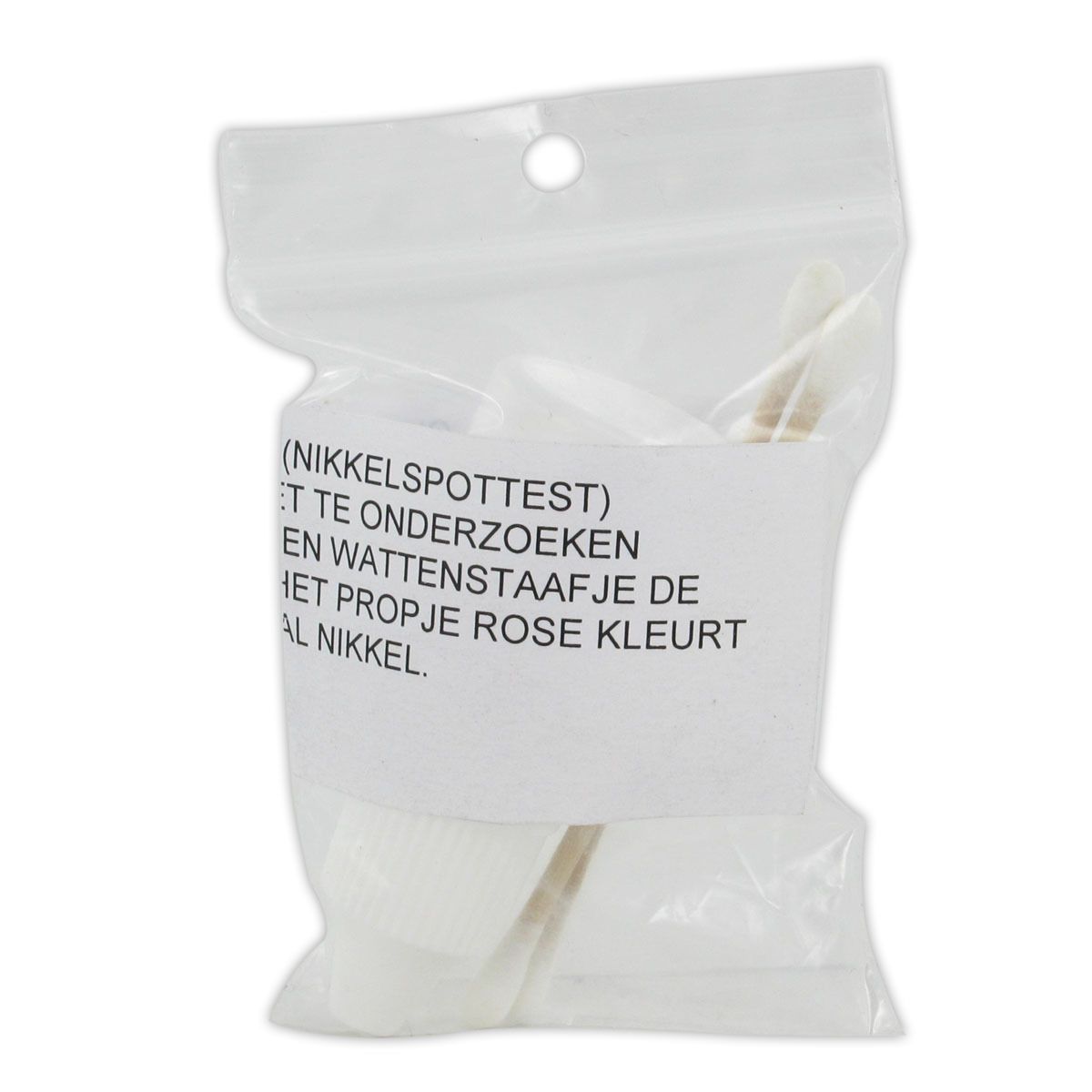 Produit dans un emballage plastique transparent. Contient une bandelette de test et un coton-tige. Inscription : (NIKKELSPOTTEST) pour la détection du nickel.