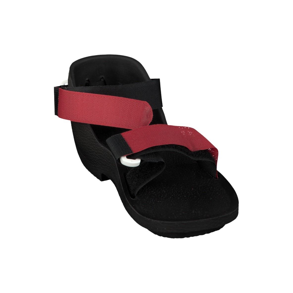 Chaussure noire avec sangle rouge. Fermeture velcro. Vue de dessus.