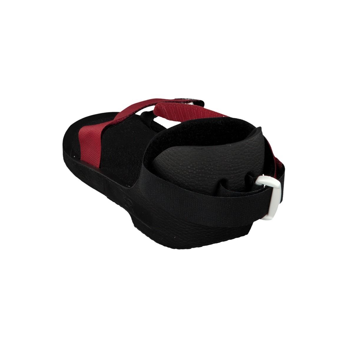 Chaussure noire avec sangle rouge. Fermeture velcro. Vue oblique.