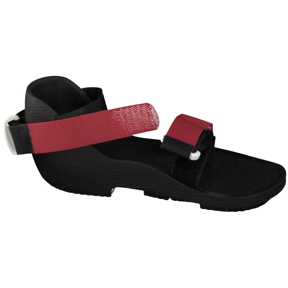 Chaussure noire avec sangle rouge. Fermeture velcro. Vue latérale.