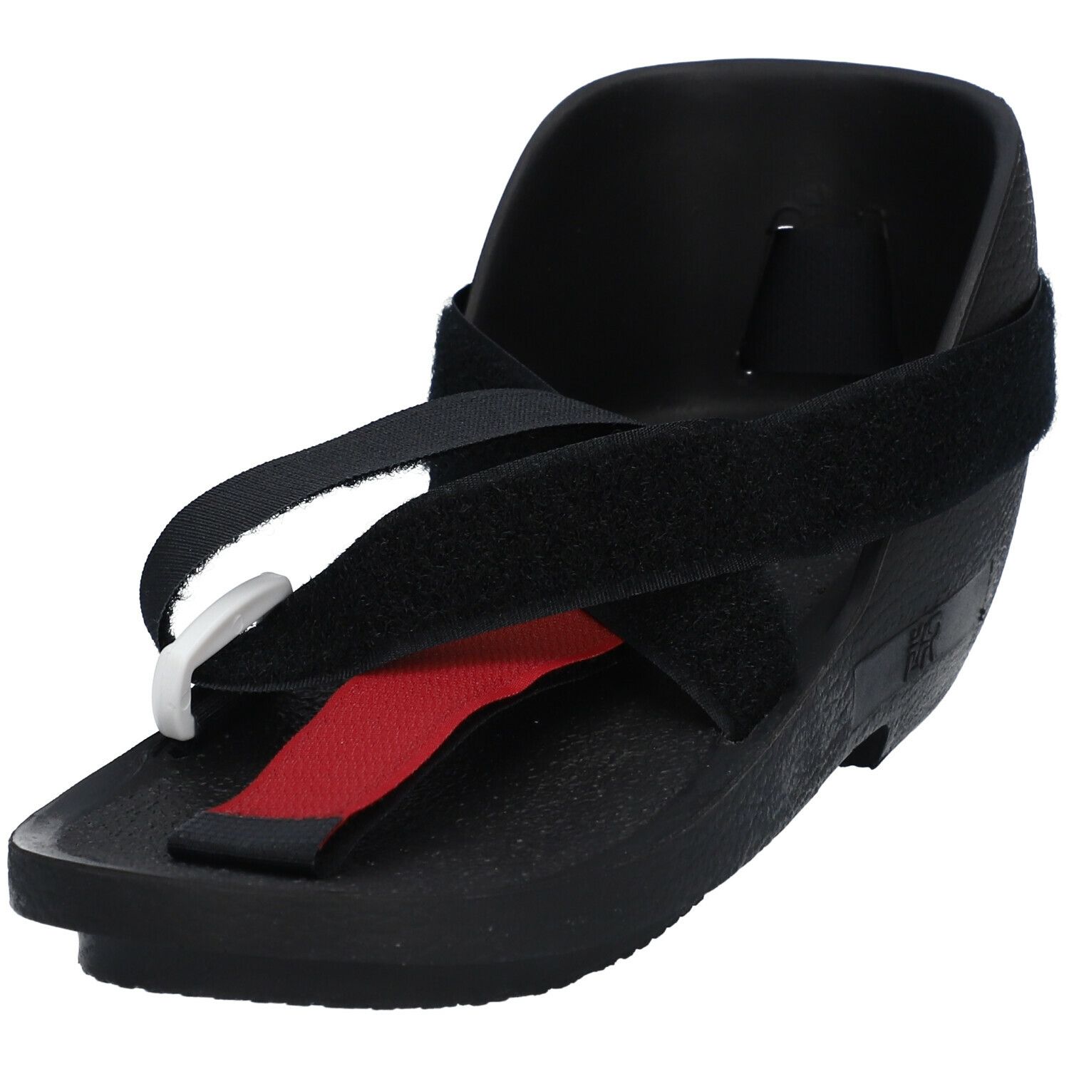 Shoecast noir avec sangles et insert rouge. Fermetures velcro. Semelle profilée.